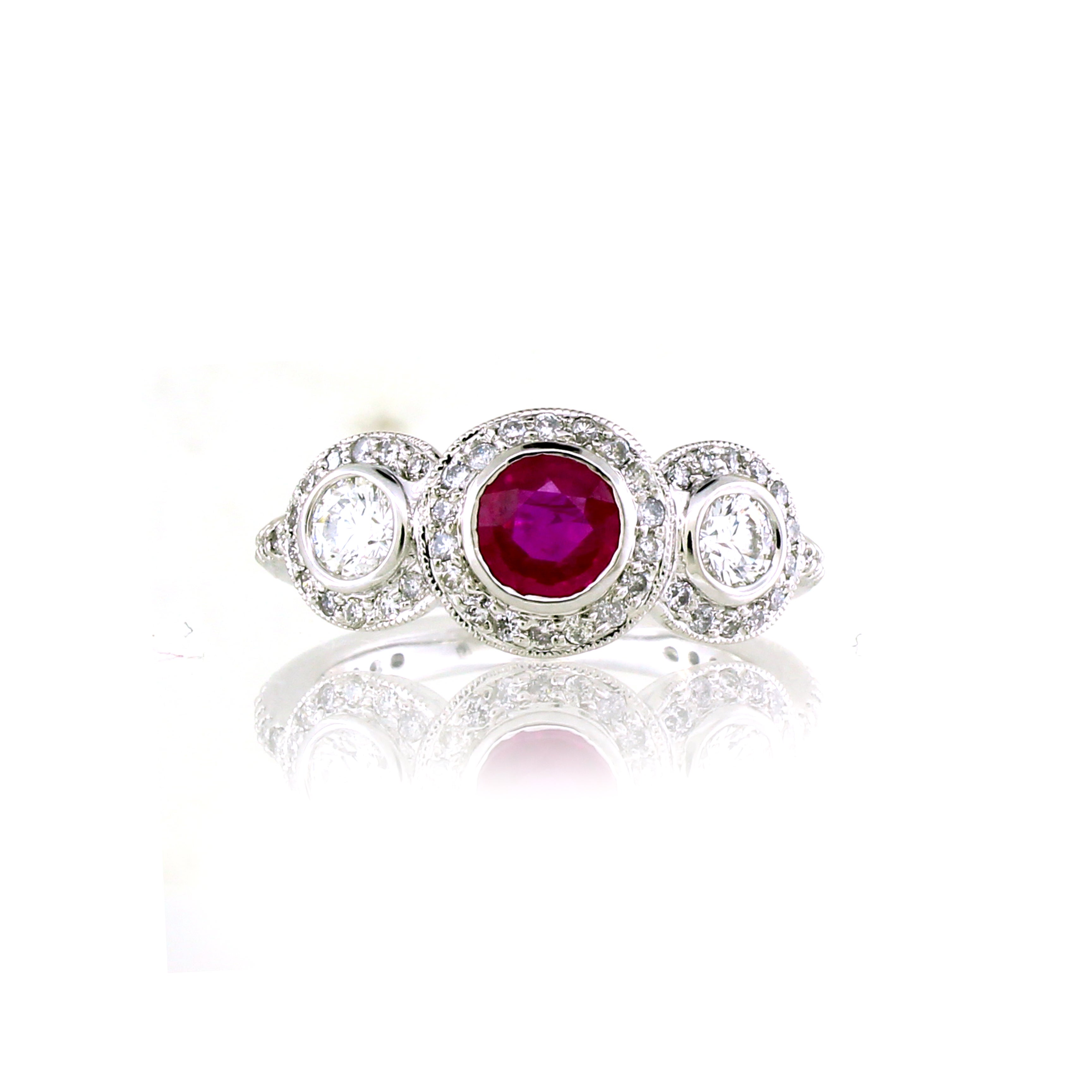 Three Stone White Diamond Ruby Halo Ring In 18k G… - image 2