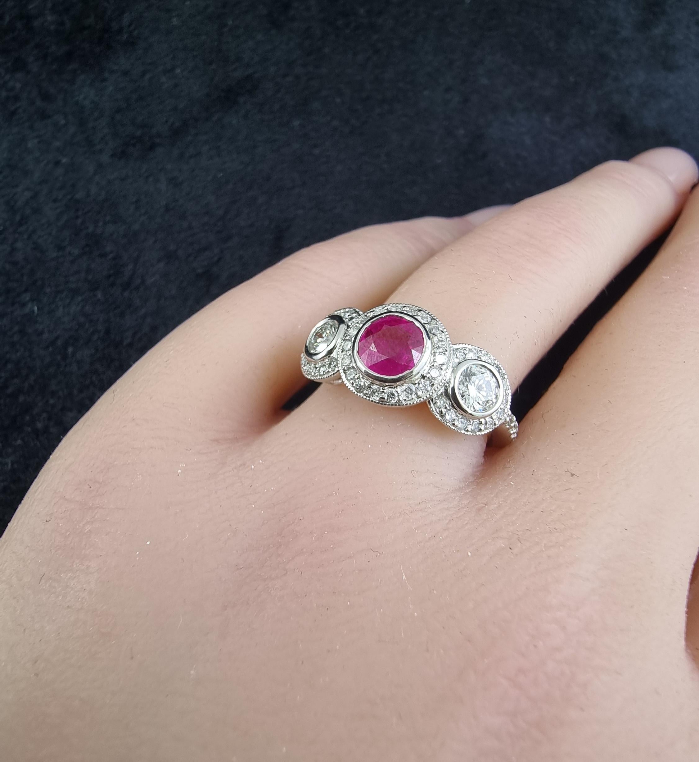 Three Stone White Diamond Ruby Halo Ring In 18k G… - image 3