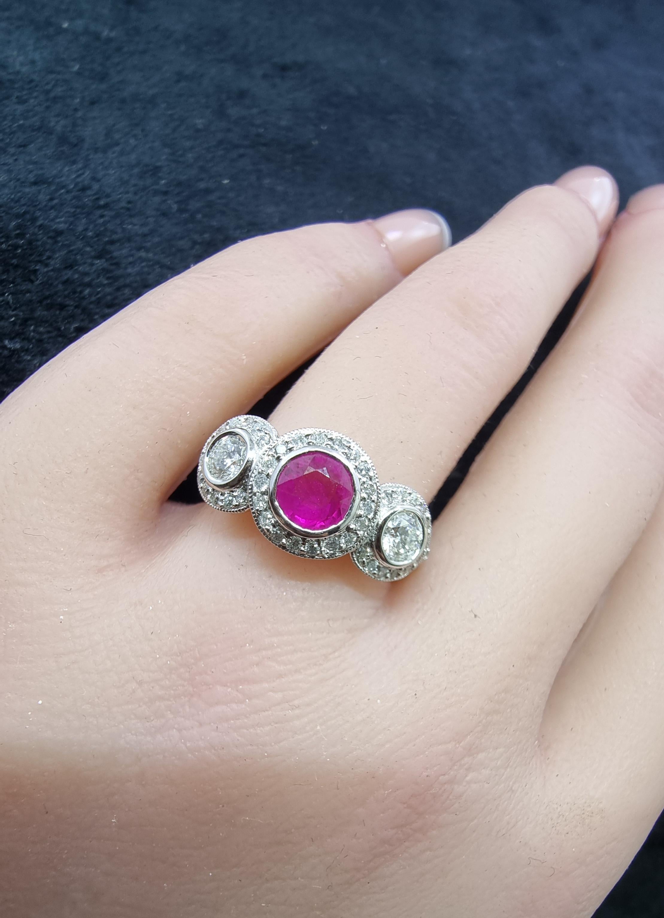 Three Stone White Diamond Ruby Halo Ring In 18k G… - image 4
