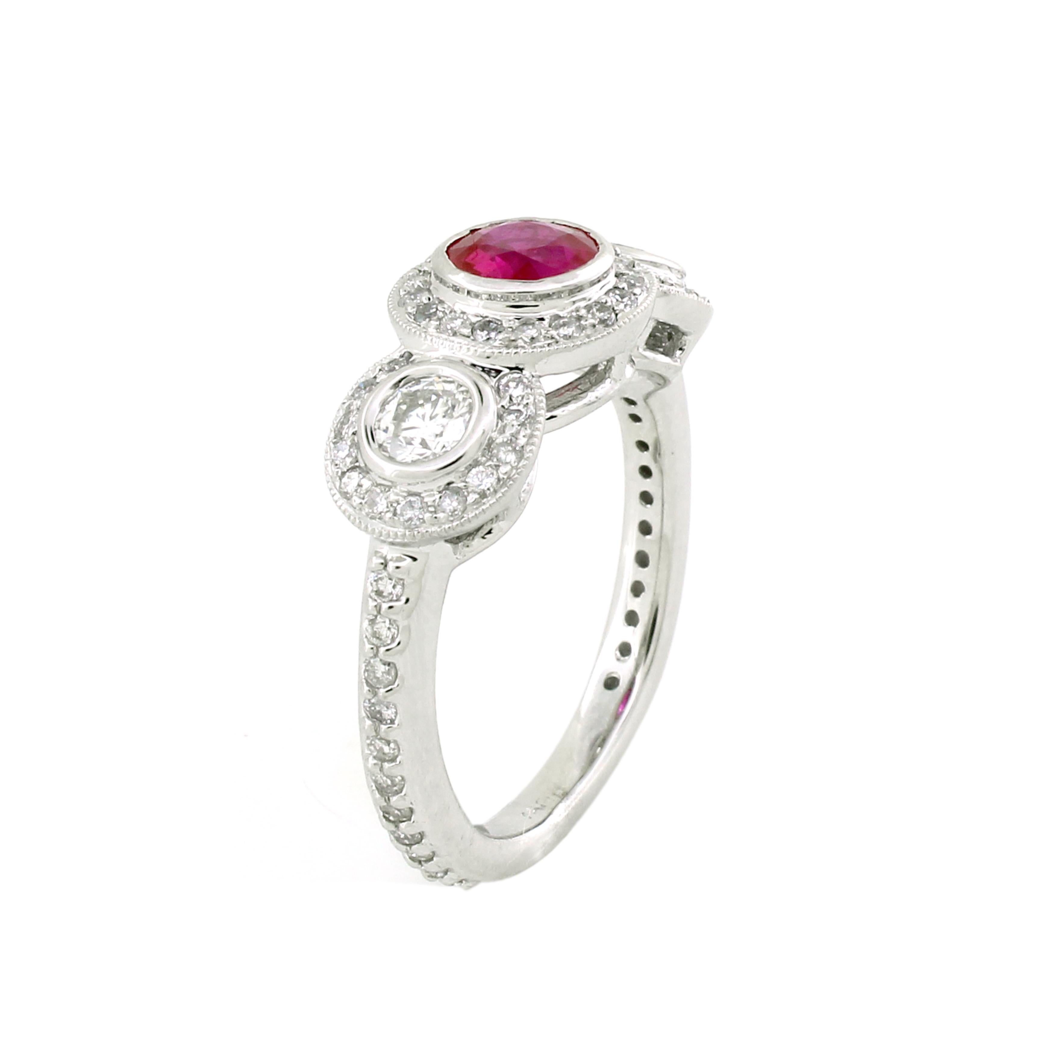 Three Stone White Diamond Ruby Halo Ring In 18k G… - image 6