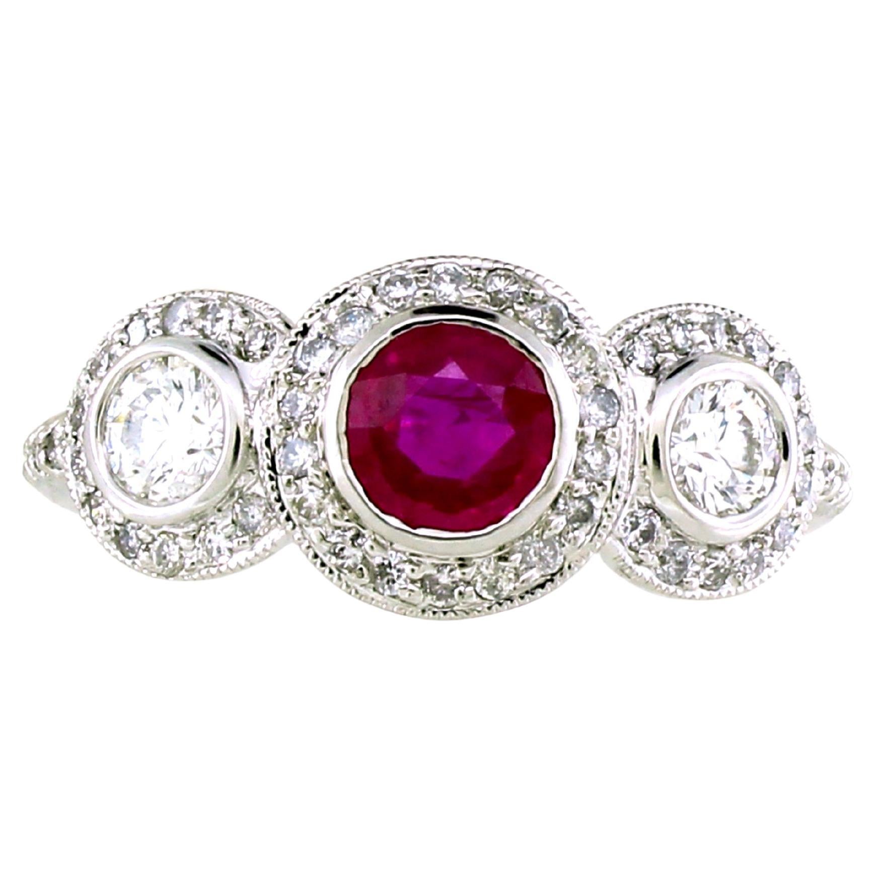 Three Stone White Diamond Ruby Halo Ring In 18k G… - image 1