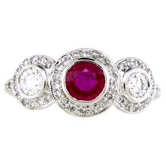 Three stone White Diamond Ruby Halo RIng in 18k Gold