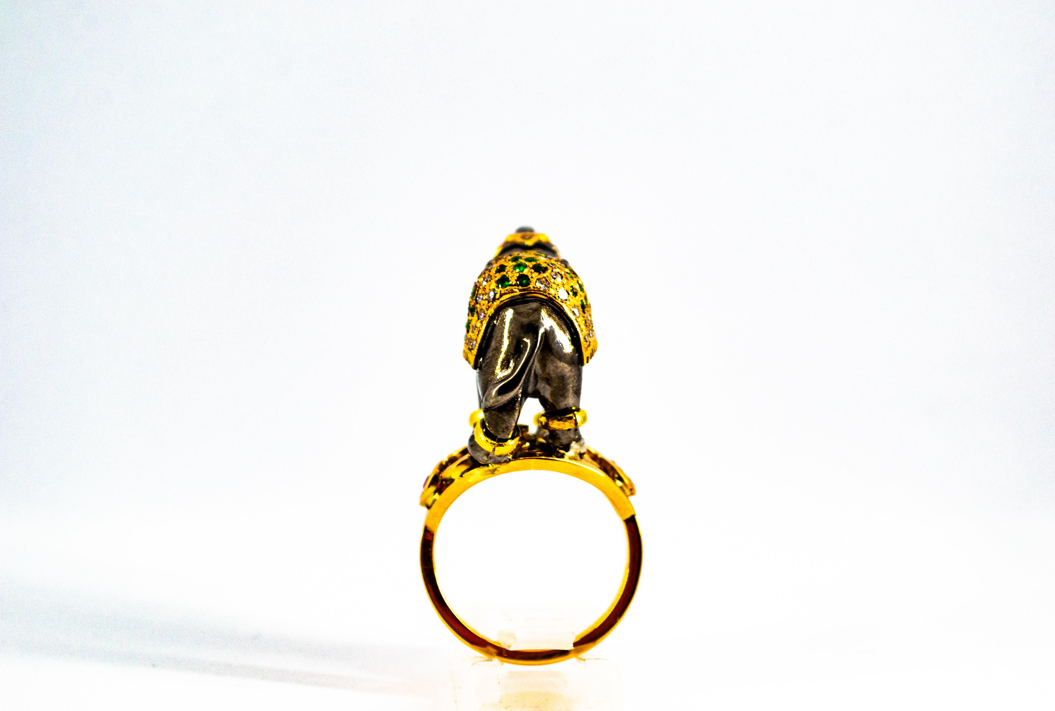 White Diamond Ruby Sapphire Tsavorite Yellow Gold Cocktail Elephant Ring For Sale 2