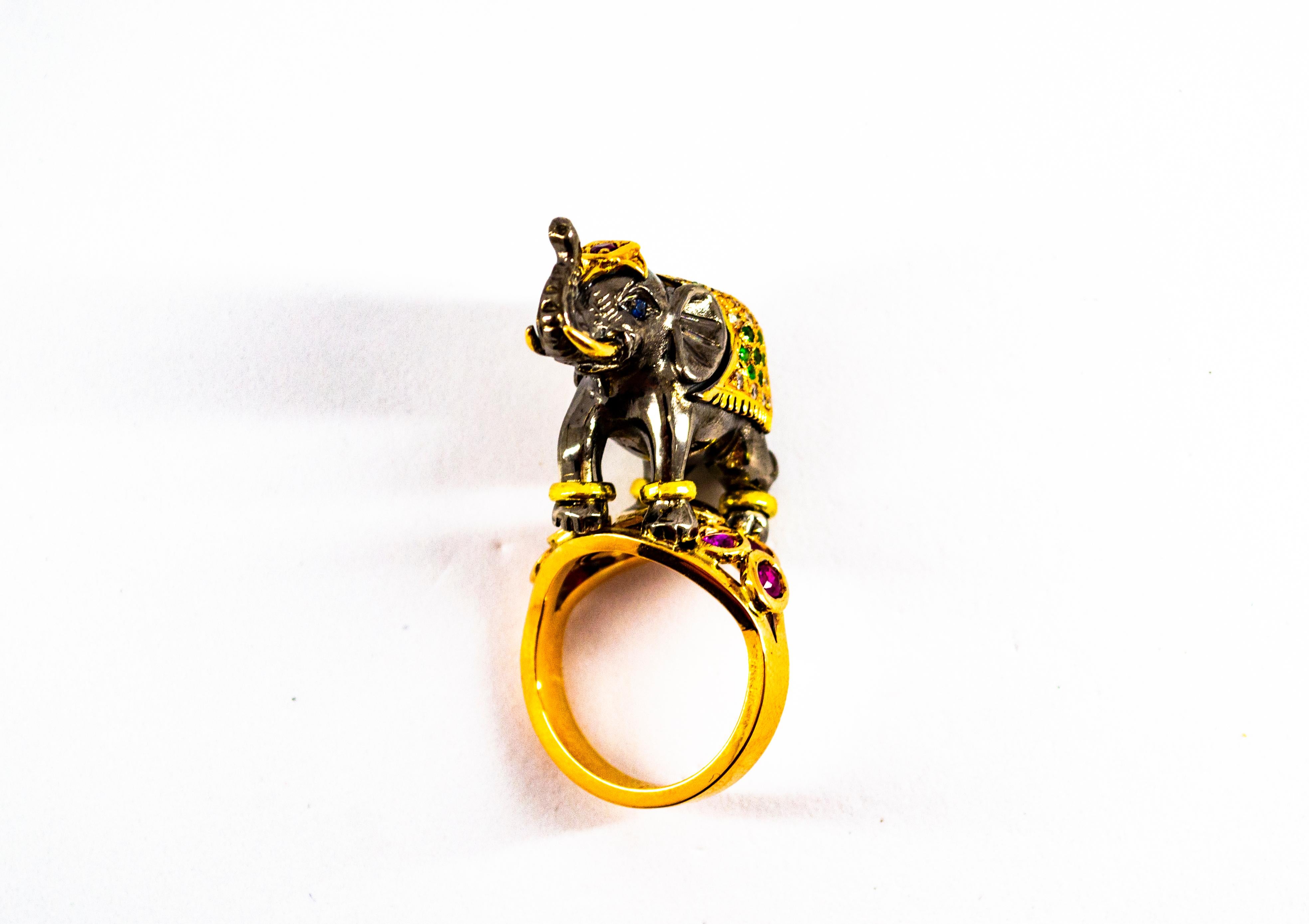 White Diamond Ruby Sapphire Tsavorite Yellow Gold Cocktail Elephant Ring For Sale 9
