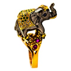White Diamond Ruby Sapphire Tsavorite Yellow Gold Cocktail Elephant Ring