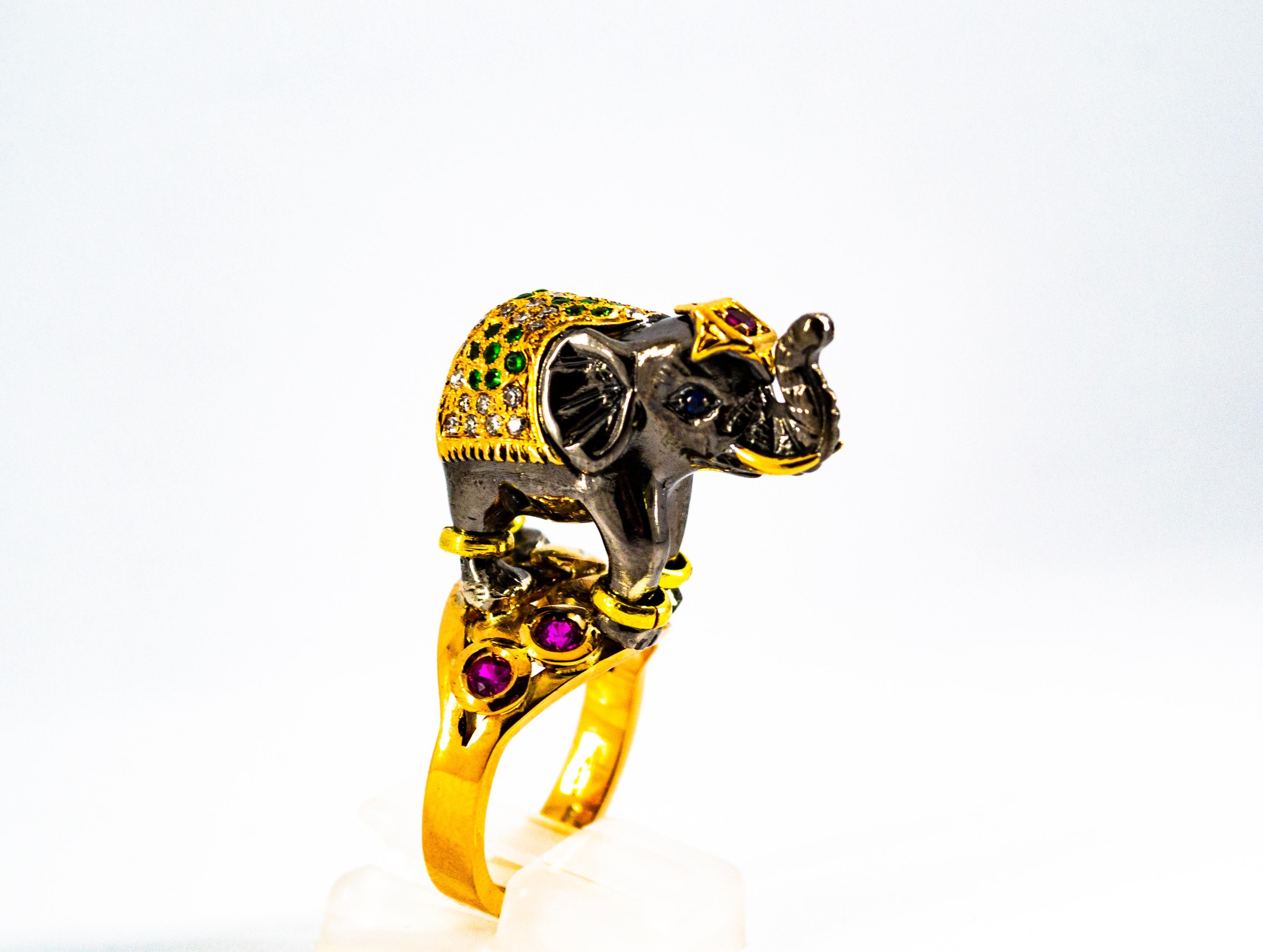 White Diamond Ruby Sapphire Tsavorite Yellow Gold Cocktail Elephant Ring In New Condition For Sale In Naples, IT