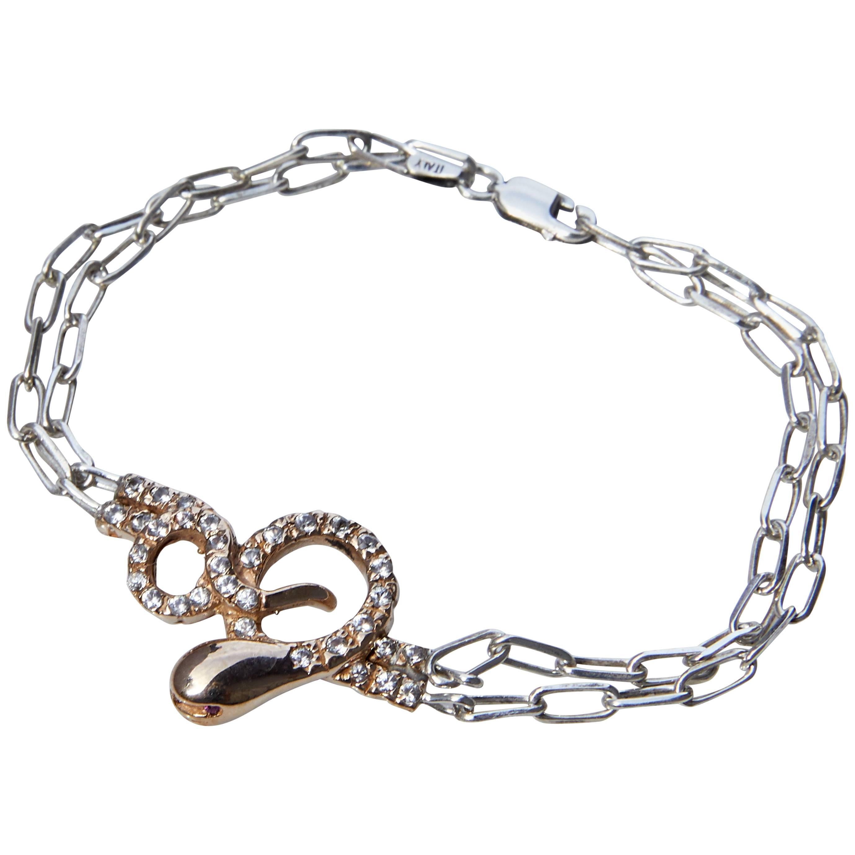 J Dauphin Bracelet pendentif serpent en argent, diamant blanc et rubis avec chaîne en bronze