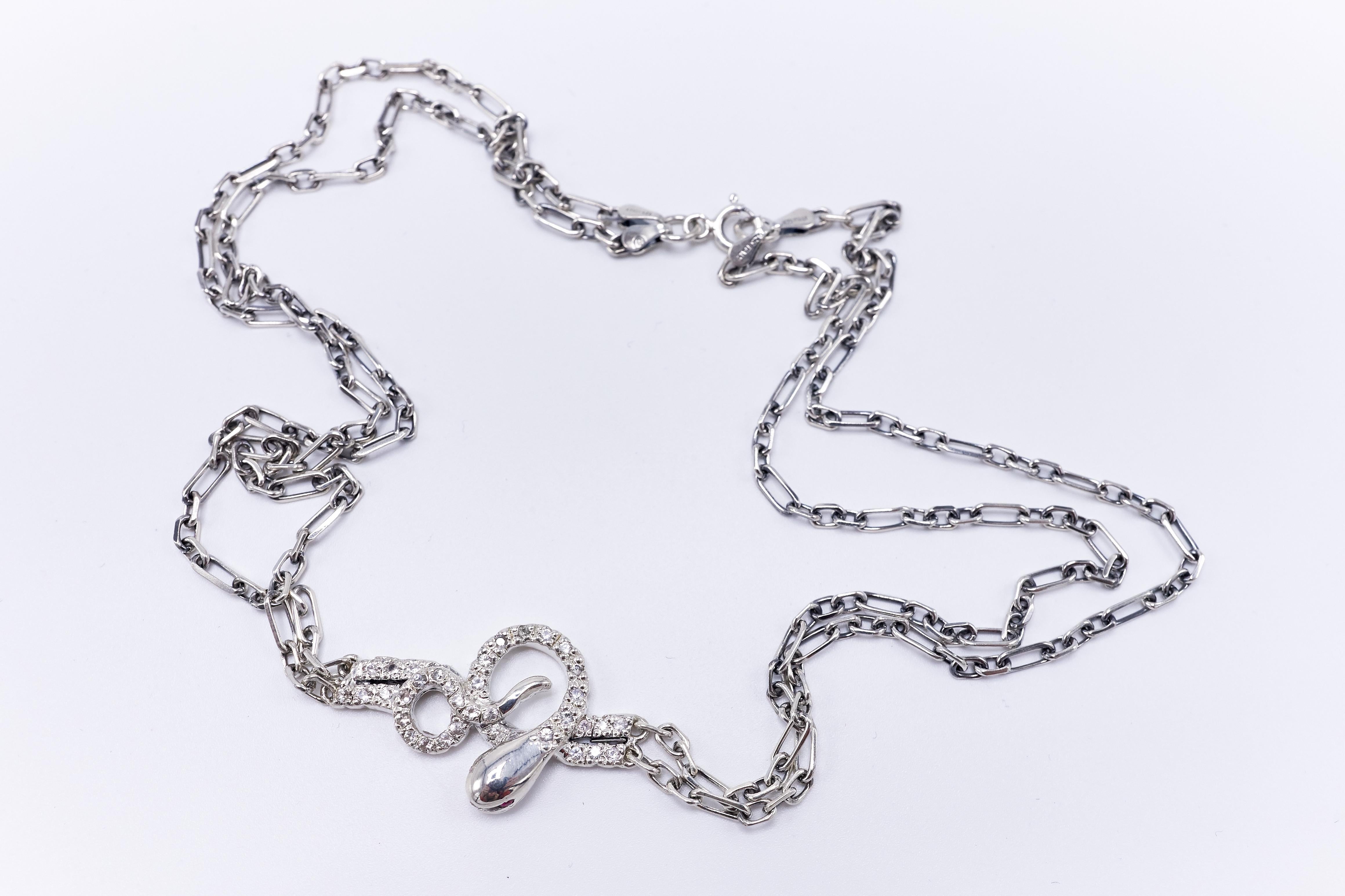 Women's White Diamond Ruby Snake Necklace Choker Chain White Gold J Dauphin For Sale