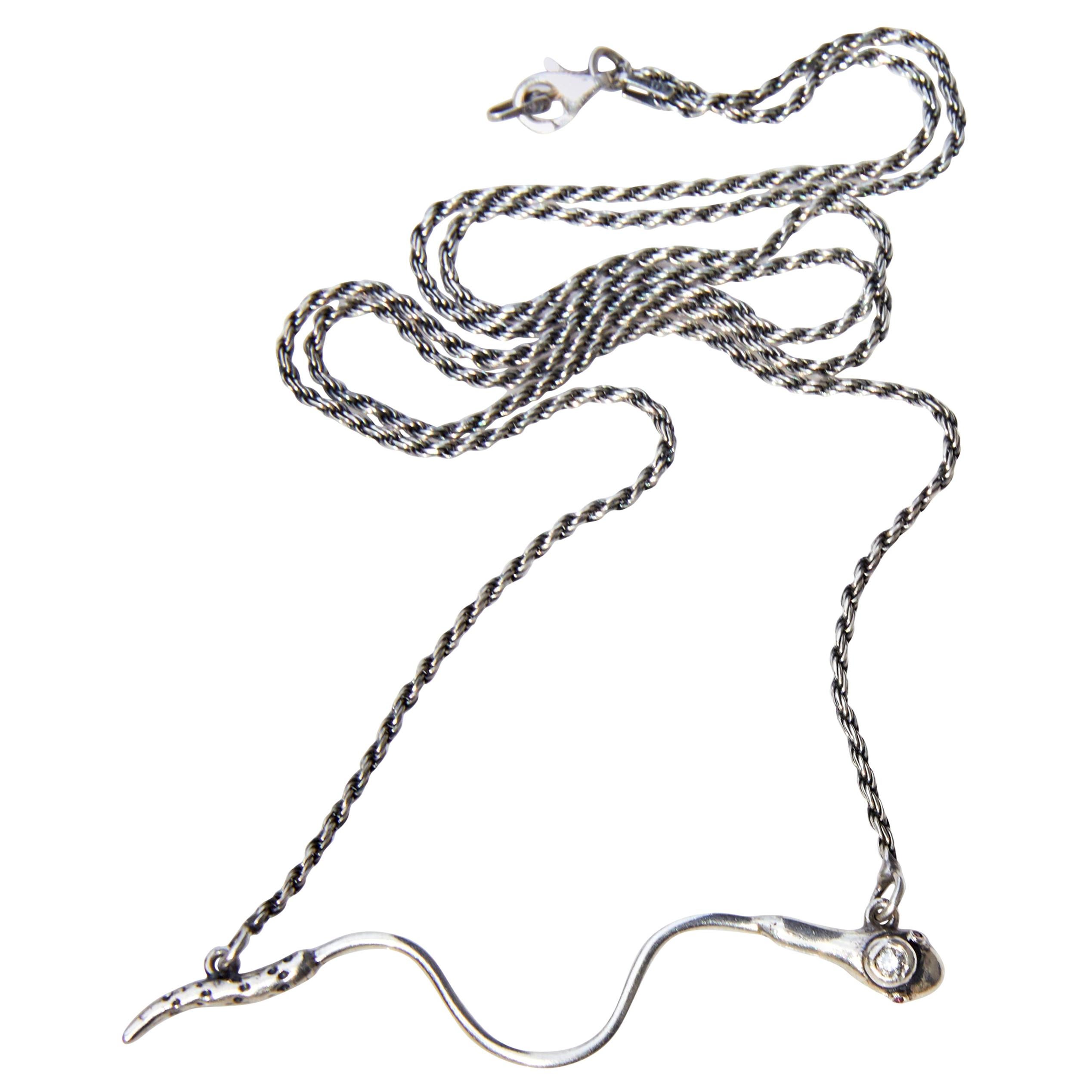 Italienische Silberkette mit weißem Diamant-Rubin-Schlangenanhänger J Dauphin im Angebot