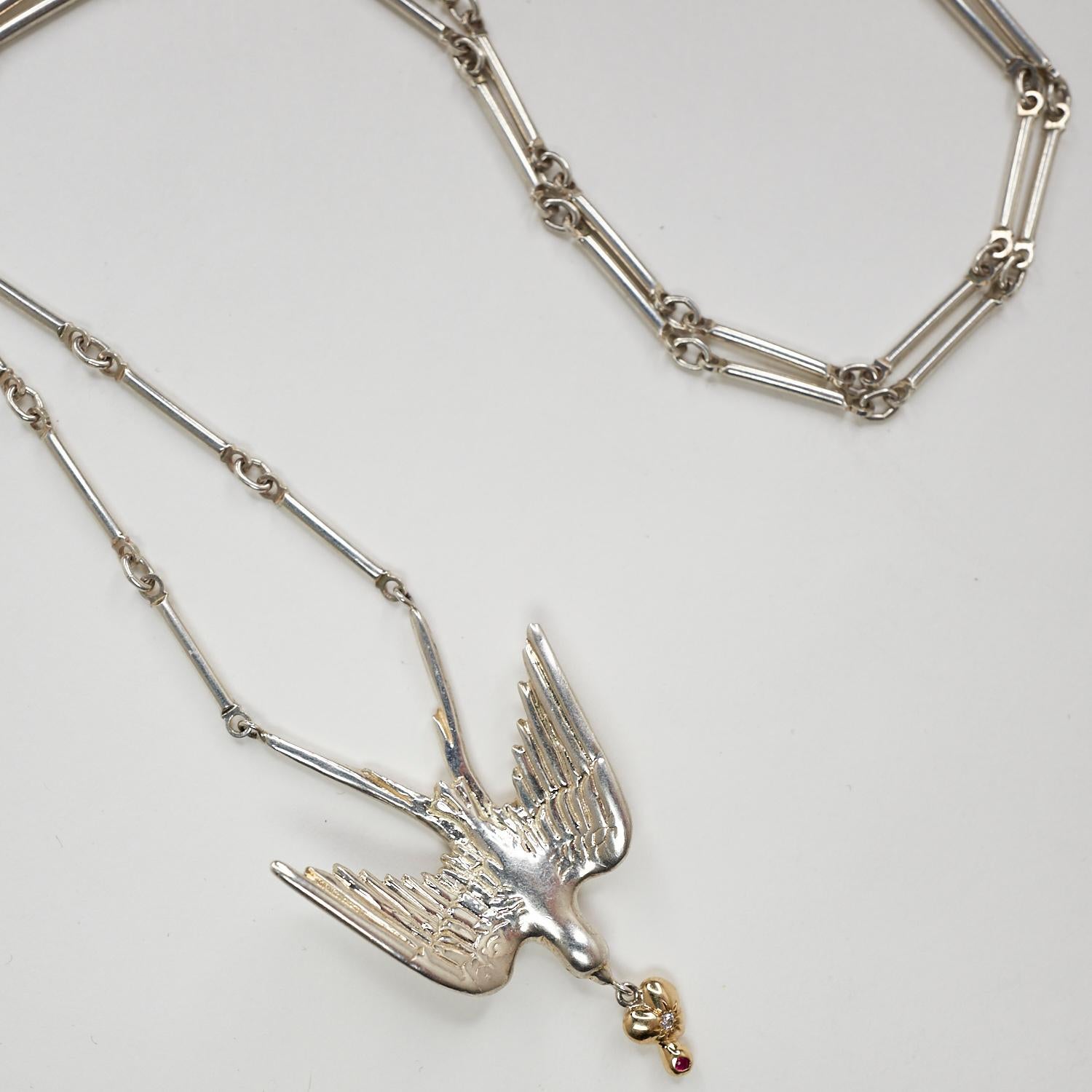 Victorian White Diamond Ruby Swallow Dove Bird Chain Necklace Gold Heart Sterling Silver For Sale