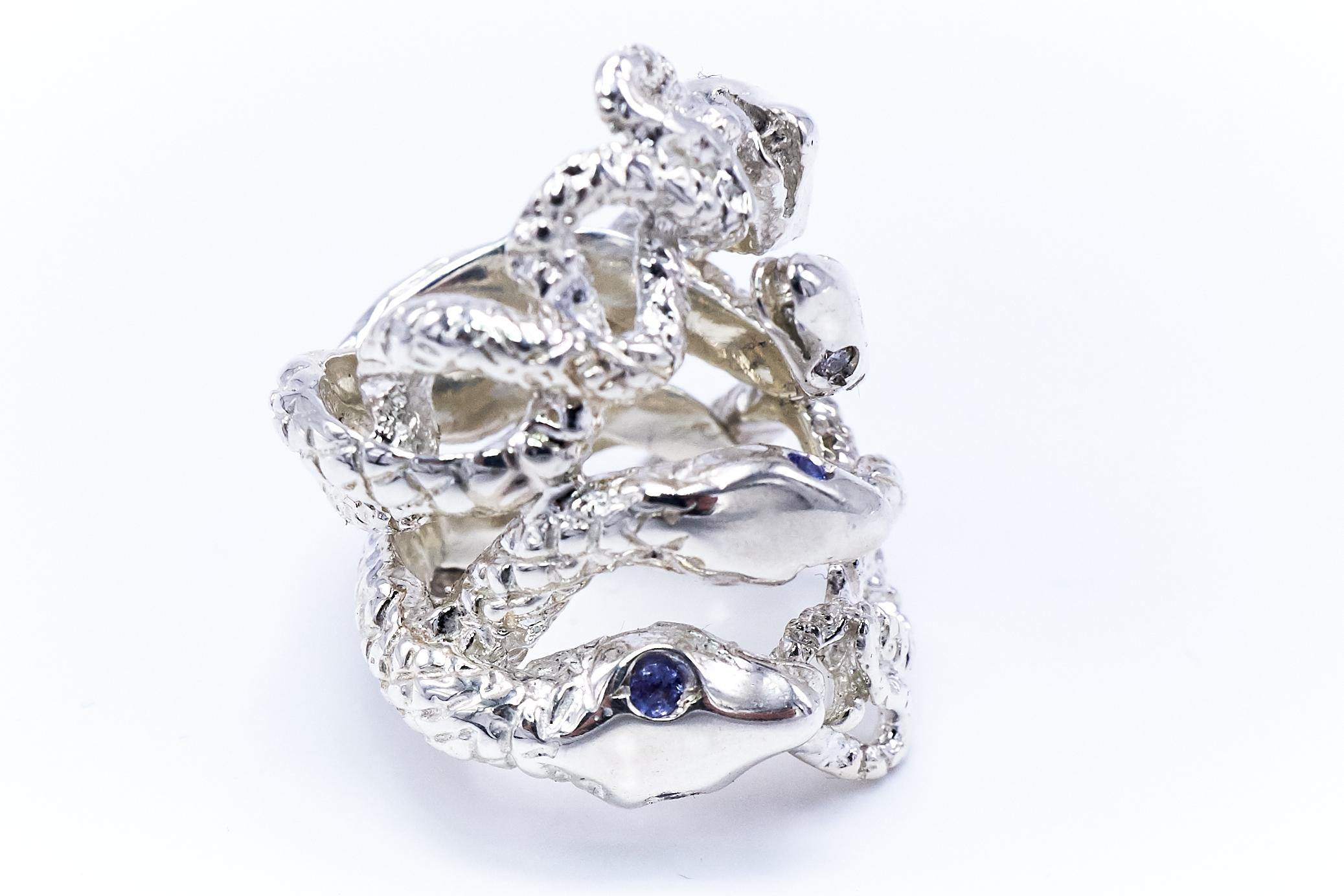 Contemporary White Diamond Ruby Tanzanite Snake Silver Ring Cocktail Statement J Dauphin For Sale