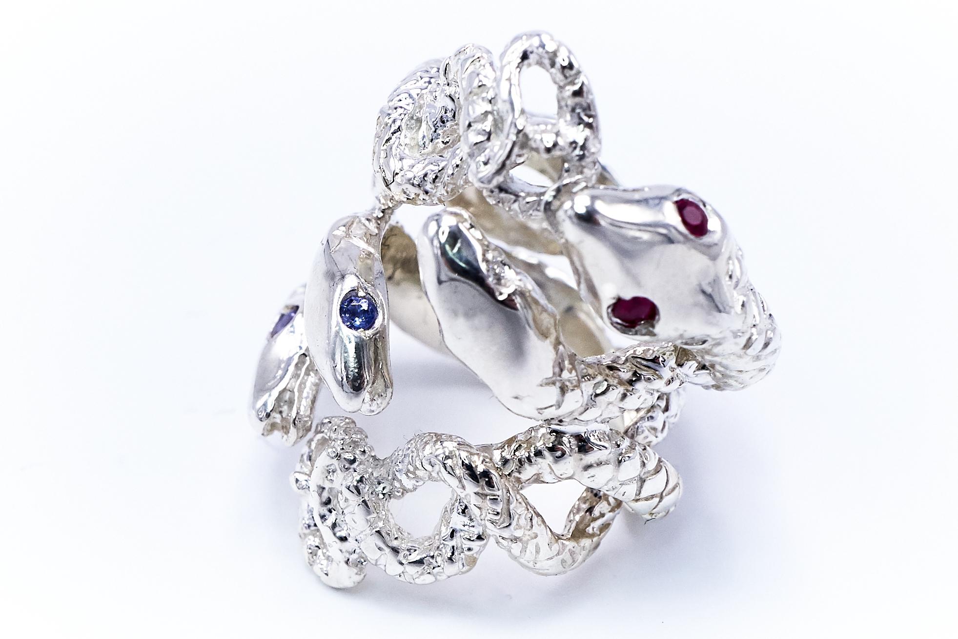 Round Cut White Diamond Ruby Tanzanite Snake Silver Ring Cocktail Statement J Dauphin For Sale