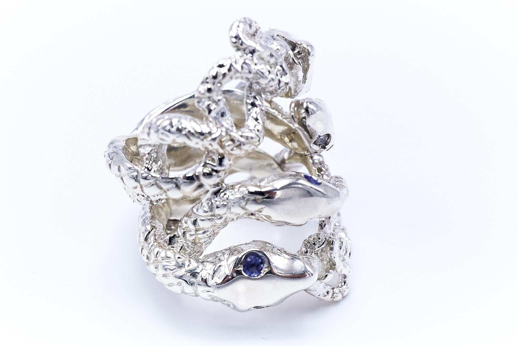 Brilliant Cut White Diamond Ruby Tanzanite Snake Silver Ring Cocktail Statement J Dauphin For Sale