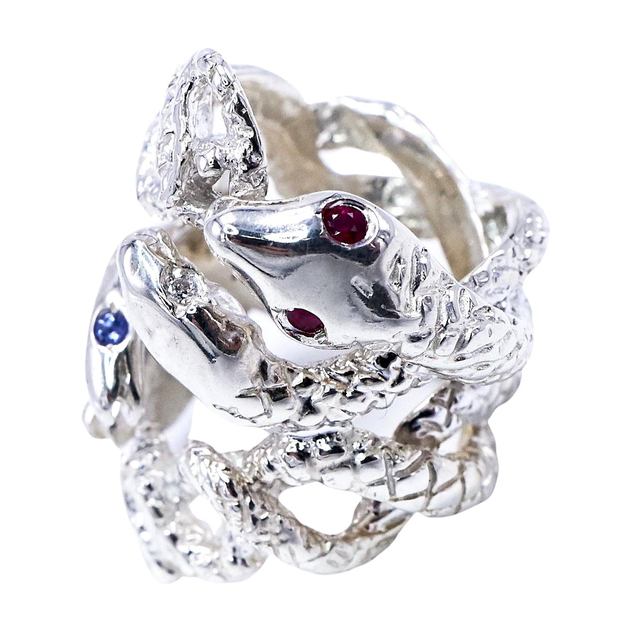 White Diamond Ruby Tanzanite Snake Silver Ring Cocktail Statement J Dauphin For Sale