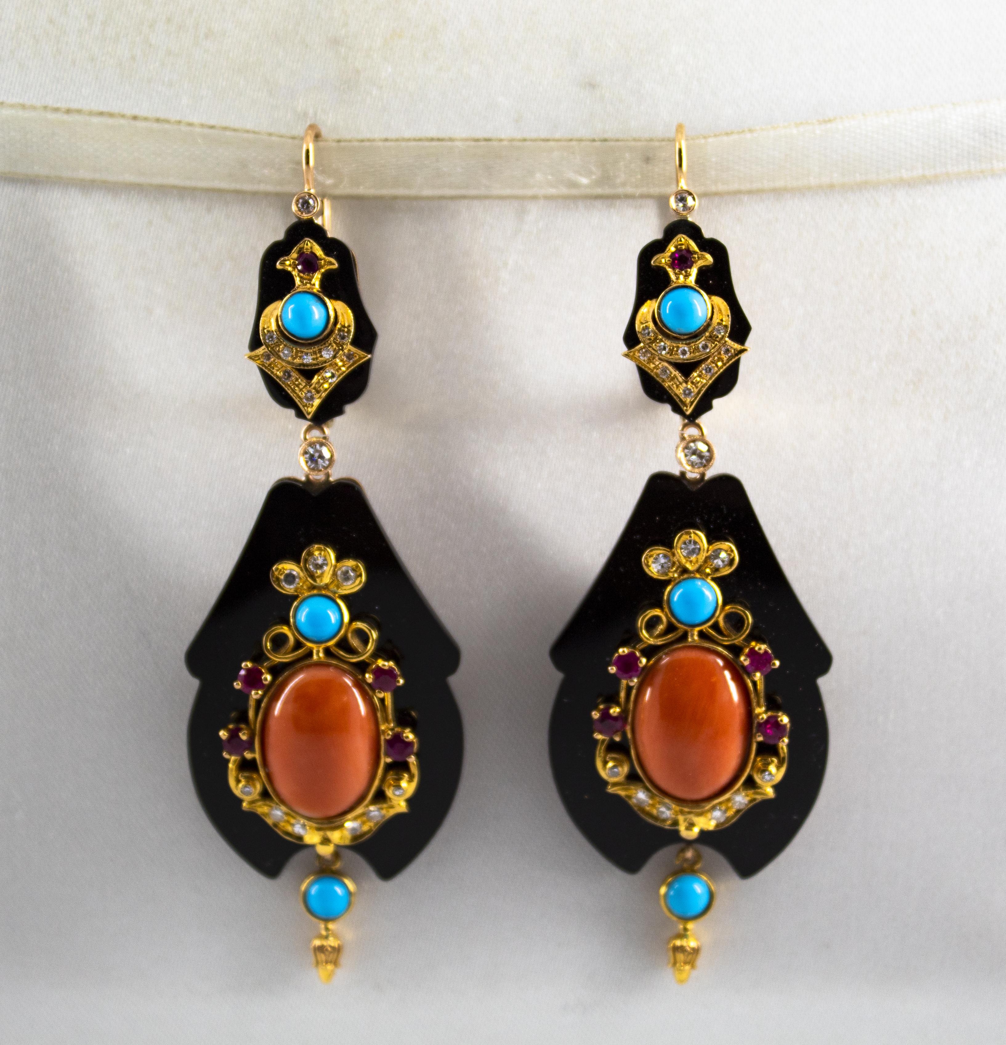 These Earrings are made of 14K Yellow Gold.
These Earrings have 0.60 Carats of White Diamonds.
These Earrings have 0.60 Carats of Rubies.
These Earrings have also Onyx, Turquoise, Red Coral.
We're a workshop so every piece is handmade, customizable