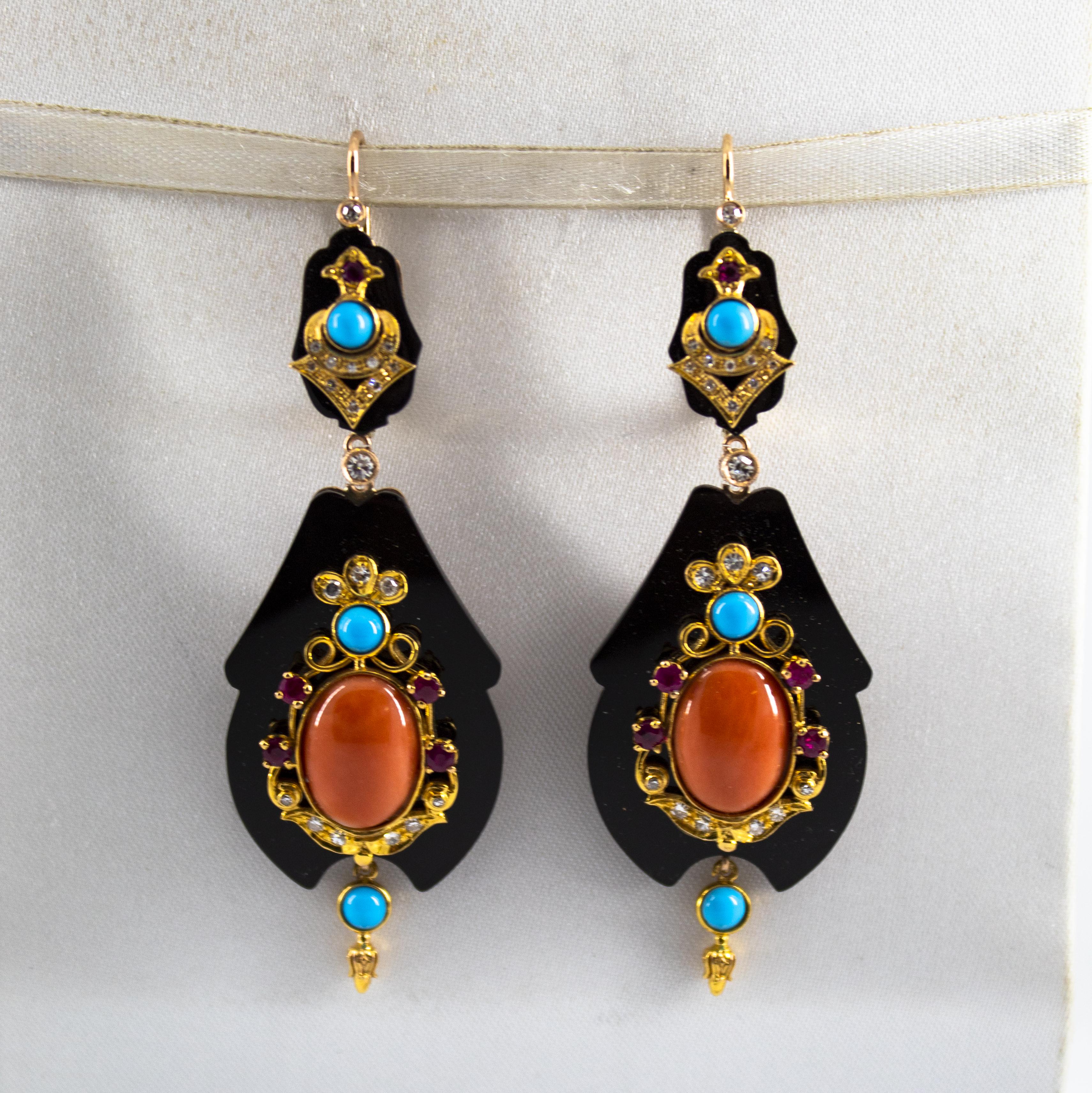 Renaissance White Diamond Ruby Turquoise Coral Onyx Yellow Gold Lever-Back Earrings
