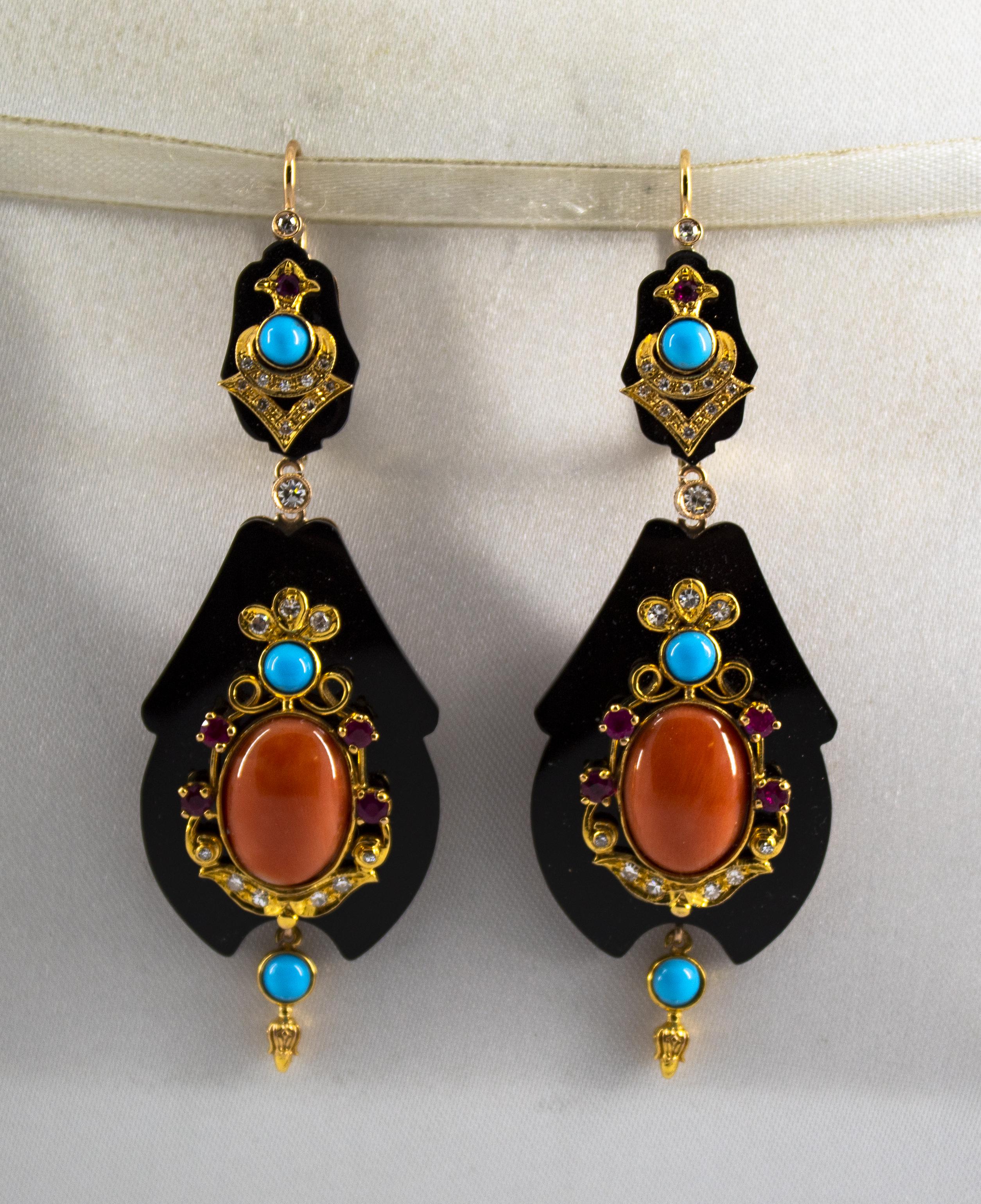 White Diamond Ruby Turquoise Coral Onyx Yellow Gold Lever-Back Earrings In New Condition In Naples, IT