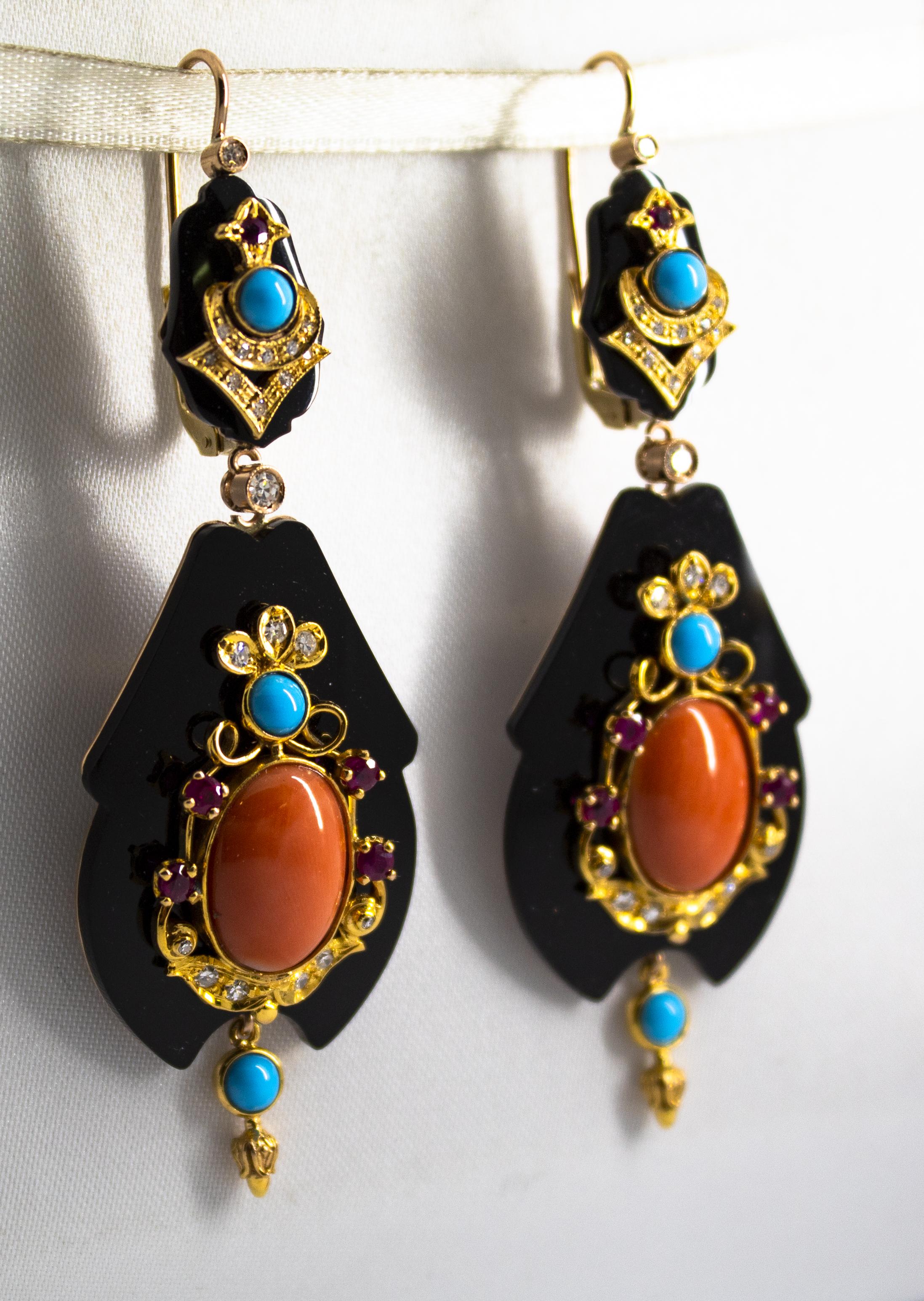 Women's or Men's White Diamond Ruby Turquoise Coral Onyx Yellow Gold Lever-Back Earrings