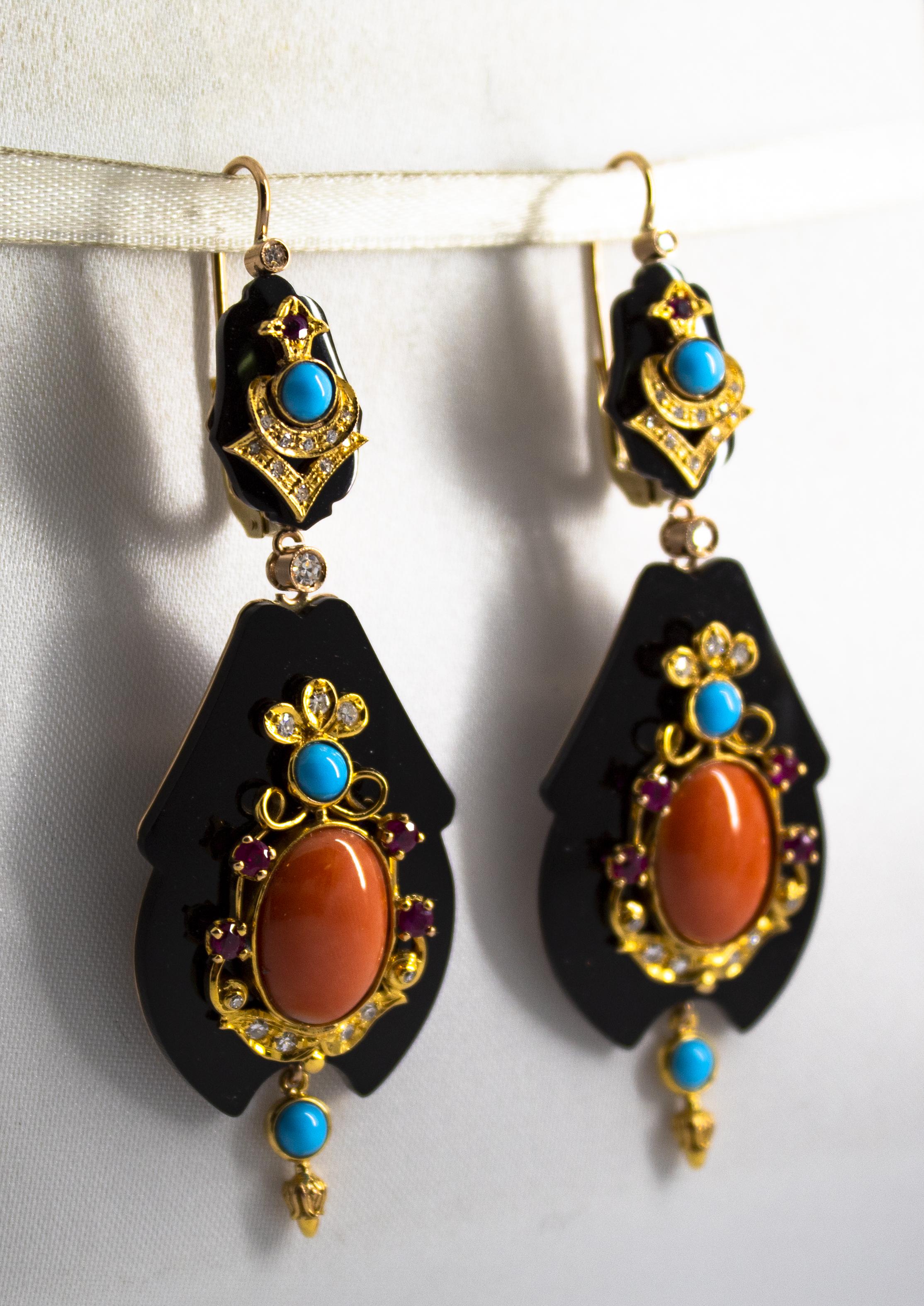 White Diamond Ruby Turquoise Coral Onyx Yellow Gold Lever-Back Earrings 1