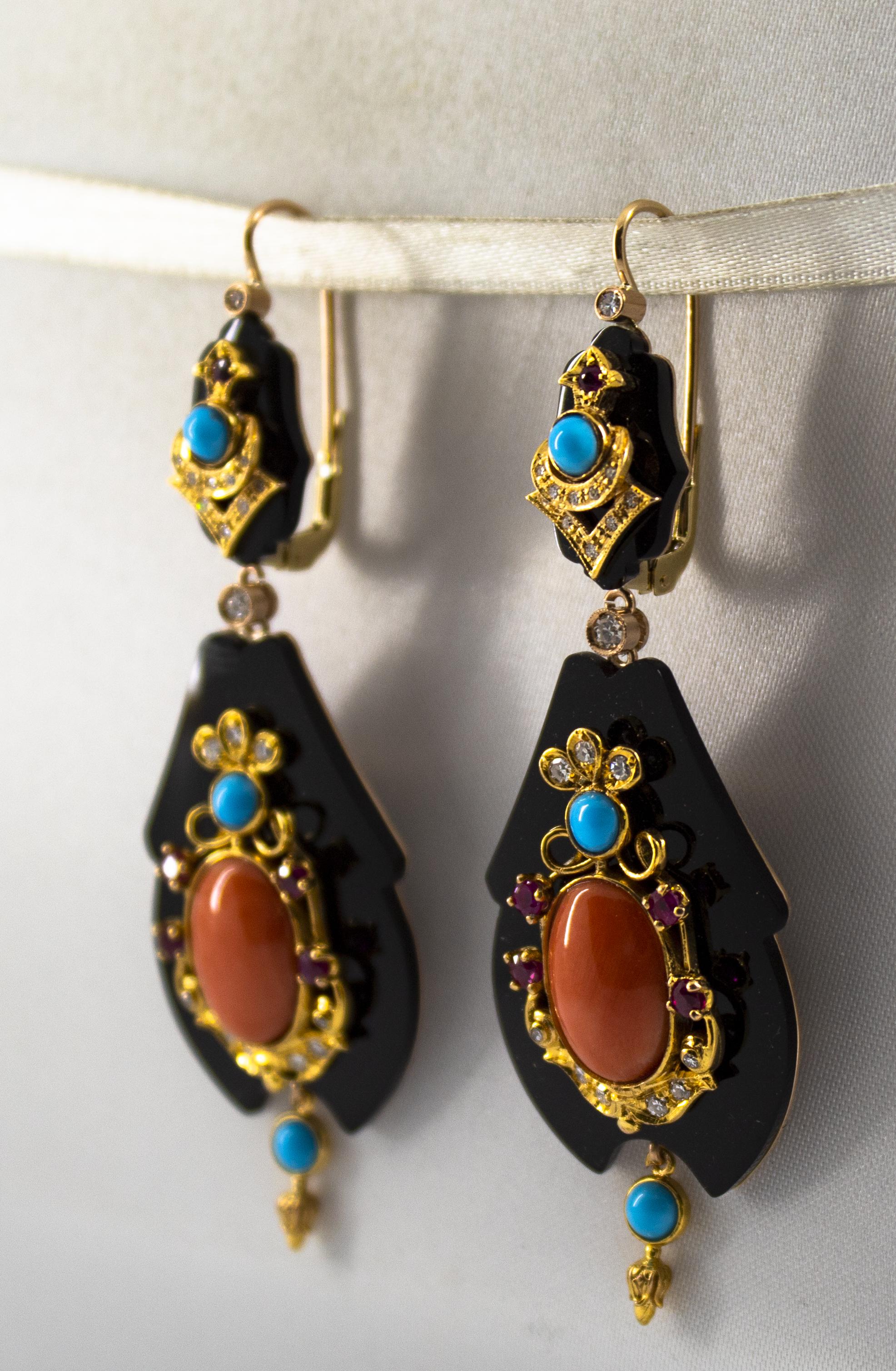 White Diamond Ruby Turquoise Coral Onyx Yellow Gold Lever-Back Earrings 2