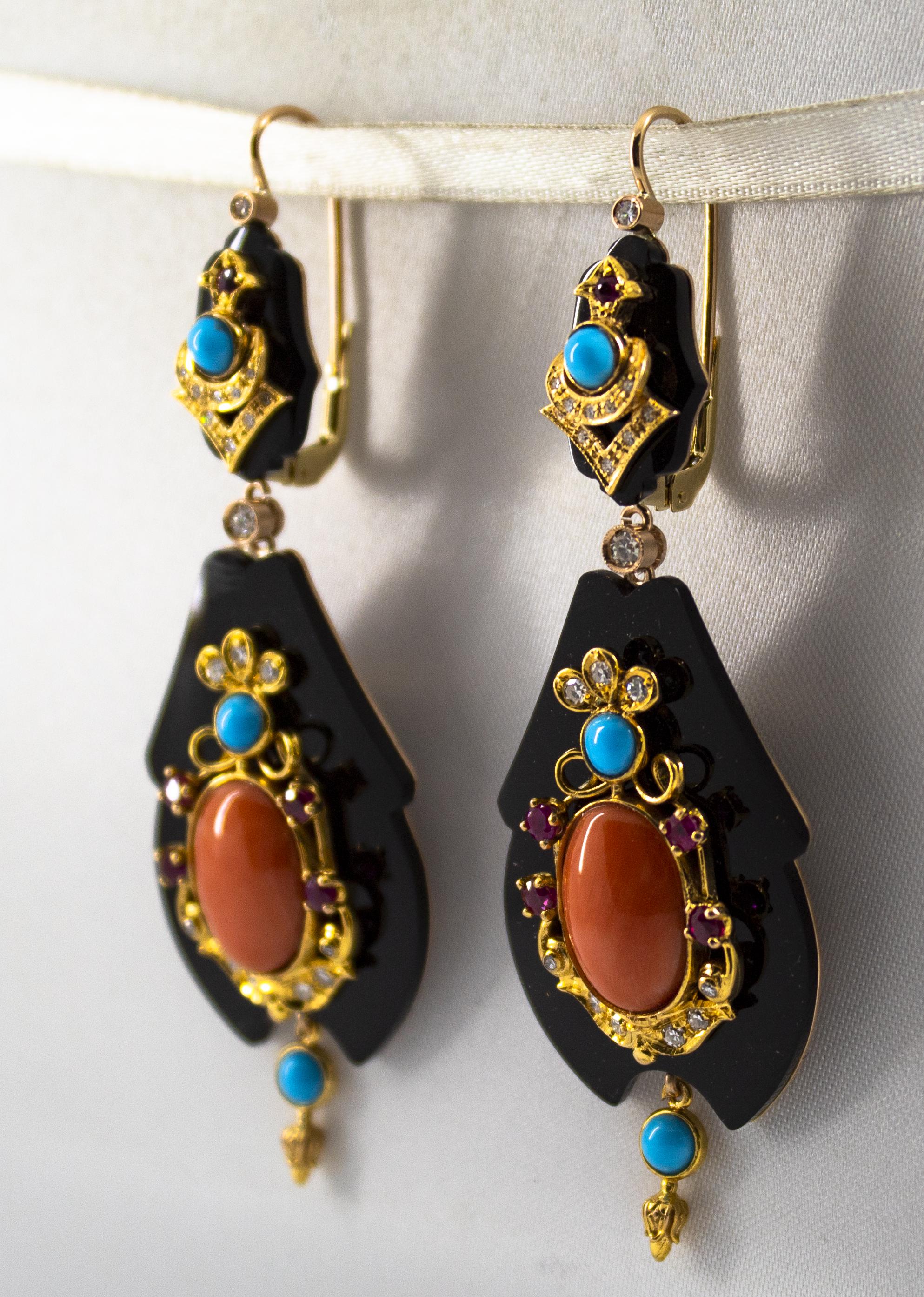 White Diamond Ruby Turquoise Coral Onyx Yellow Gold Lever-Back Earrings 3
