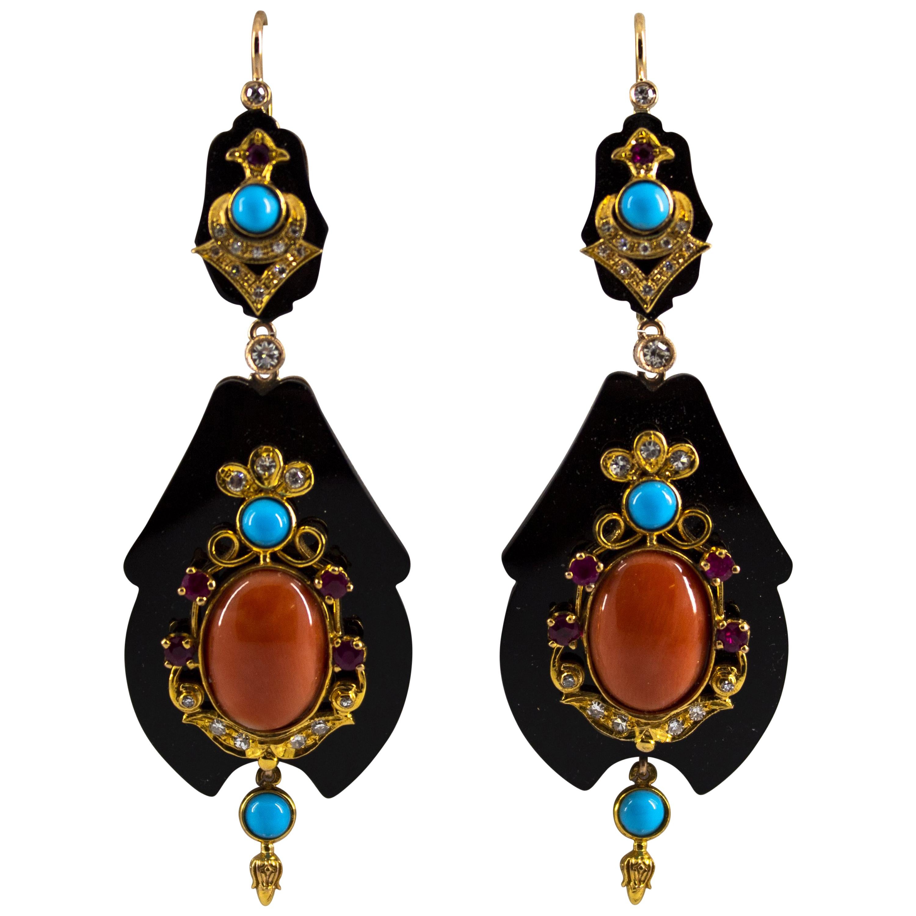 White Diamond Ruby Turquoise Coral Onyx Yellow Gold Lever-Back Earrings