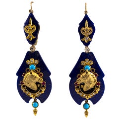 White Diamond Ruby Turquoise Lapis Enamel Yellow Gold Lever-Back Earrings