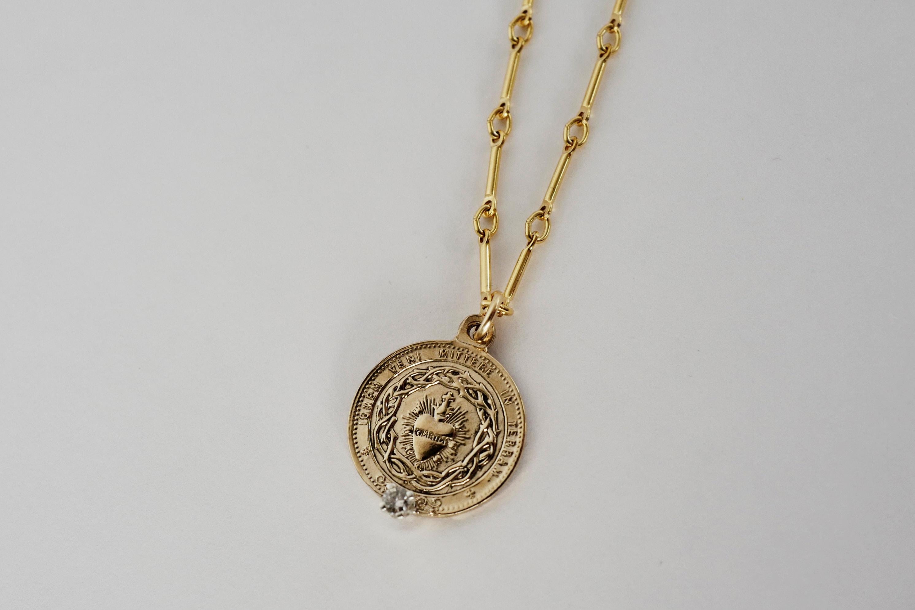 Victorian White Diamond Sacred Heart Coin Medal Pendant Gold Filled Chain Necklace For Sale