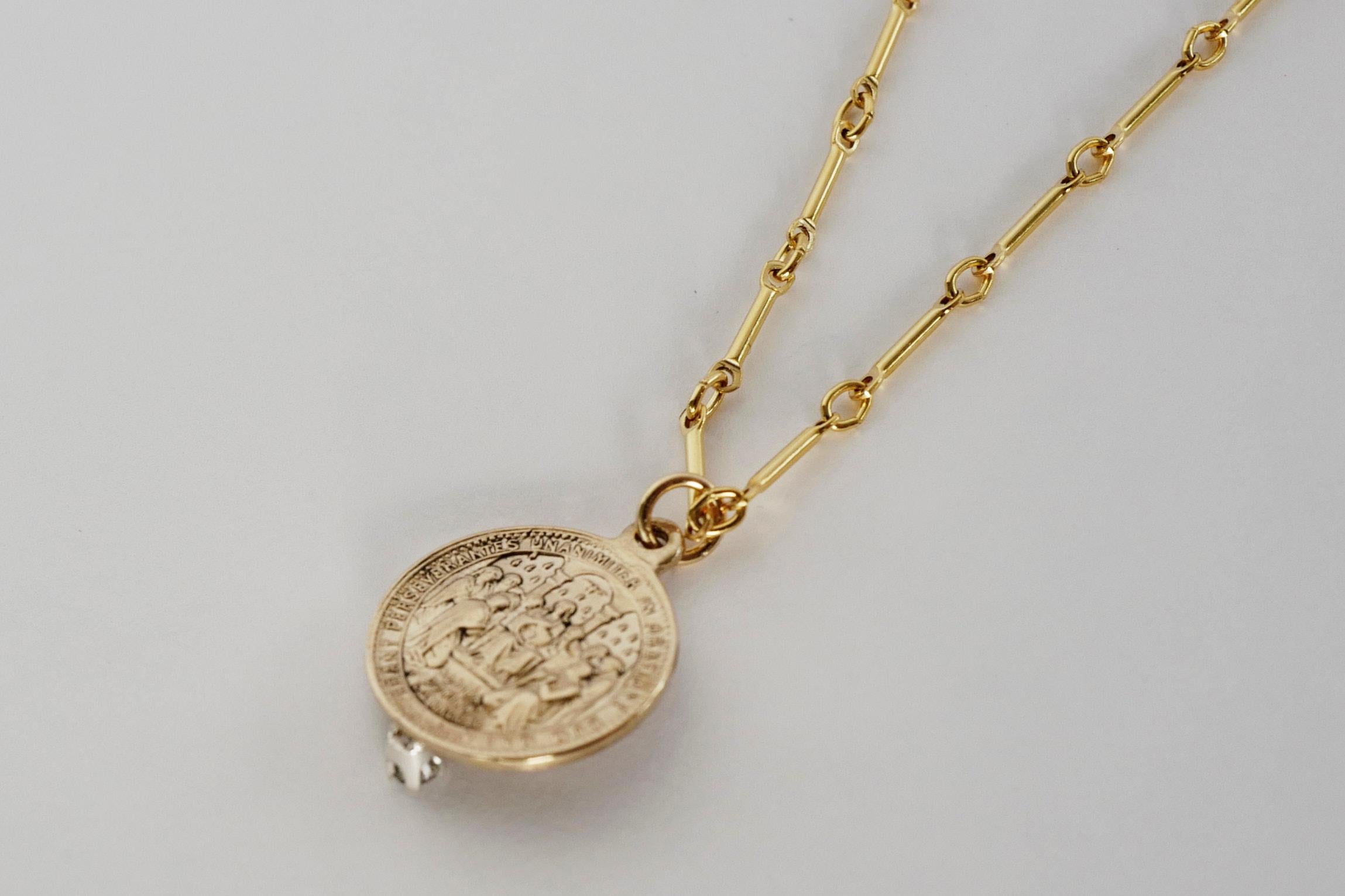 Brilliant Cut White Diamond Sacred Heart Coin Medal Pendant Gold Filled Chain Necklace For Sale