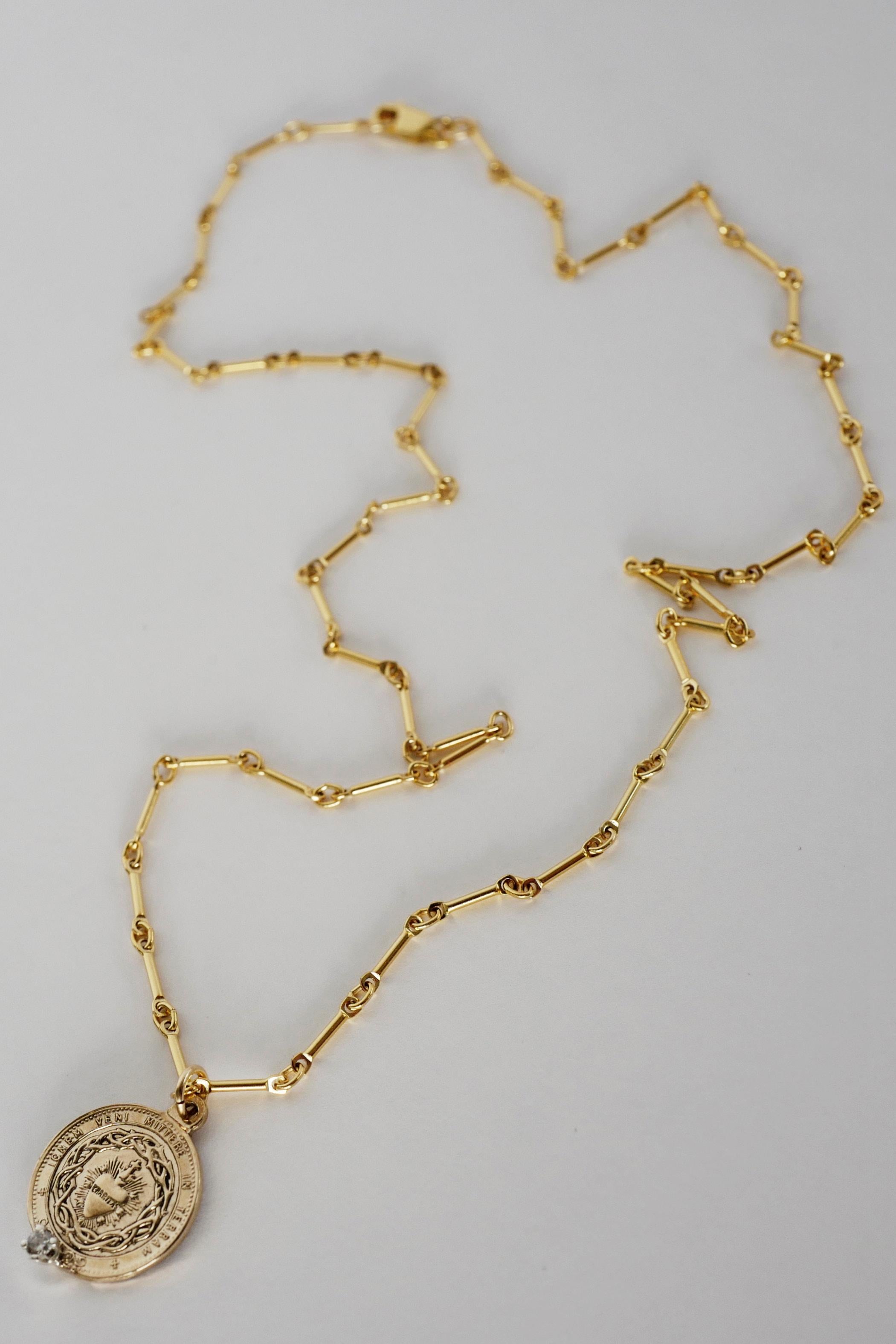 White Diamond Sacred Heart Coin Medal Pendant Gold Filled Chain Necklace In New Condition For Sale In Los Angeles, CA
