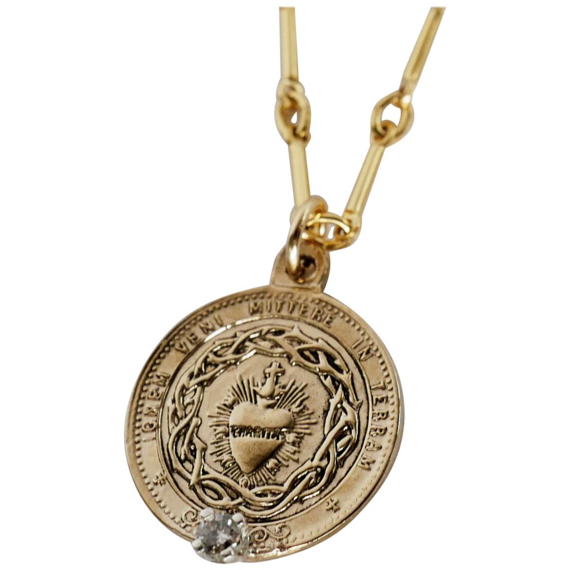 White Diamond Sacred Heart Coin Medal Pendant Gold Filled Chain Necklace