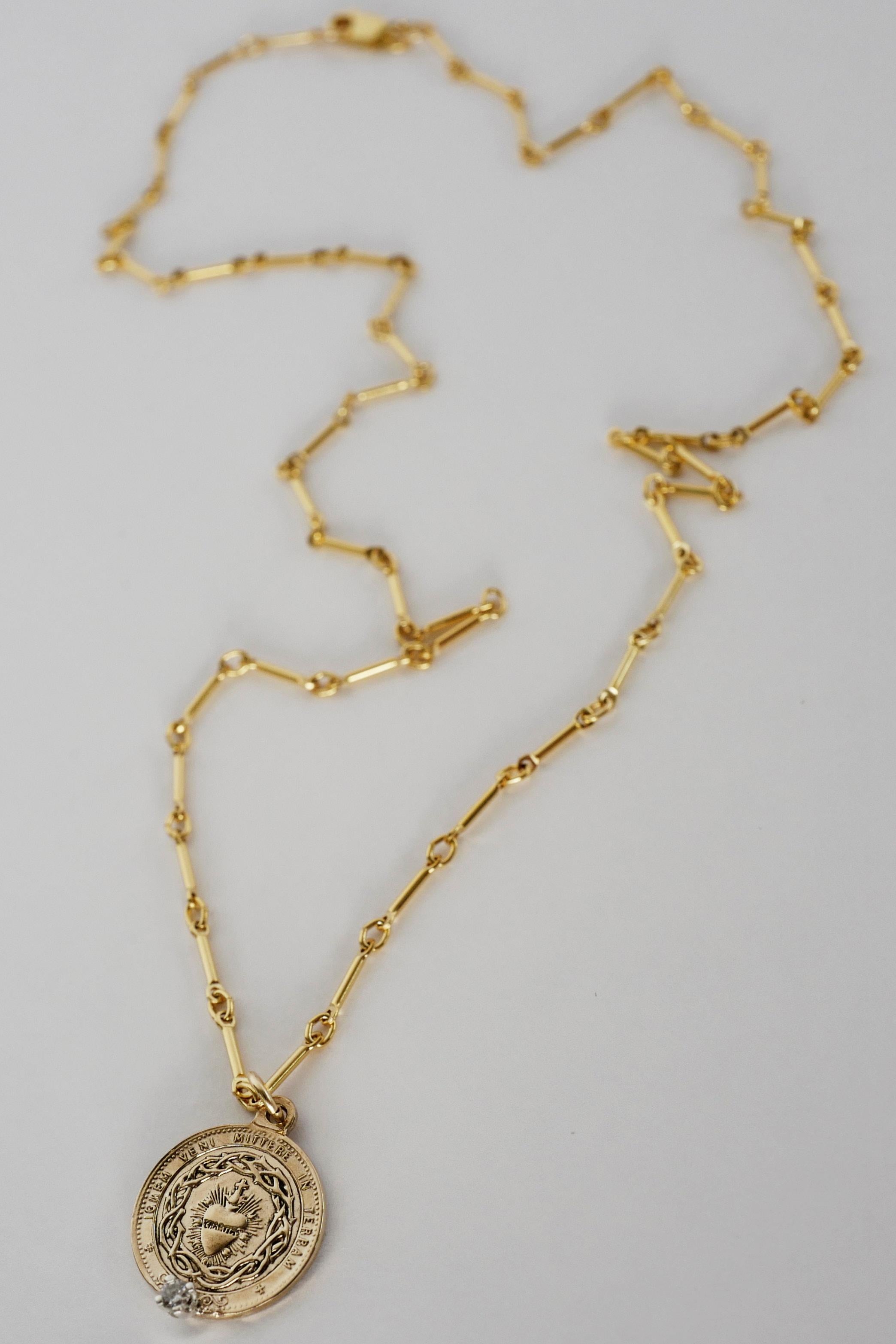 Women's White Diamond Sacred Heart Coin Medal Pendant Necklace Gold Vermeil J Dauphin For Sale