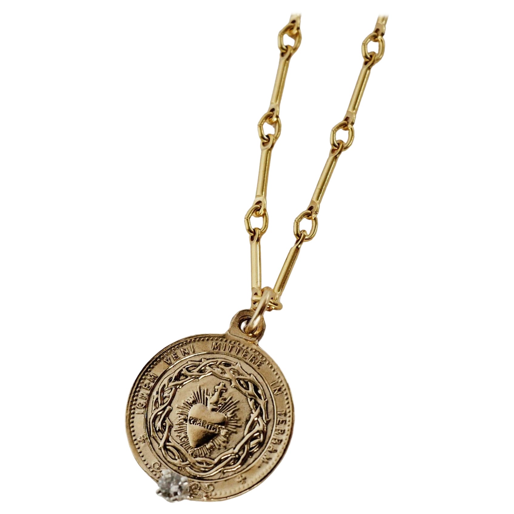 White Diamond Sacred Heart Coin Medal Pendant Necklace Gold Vermeil J Dauphin For Sale