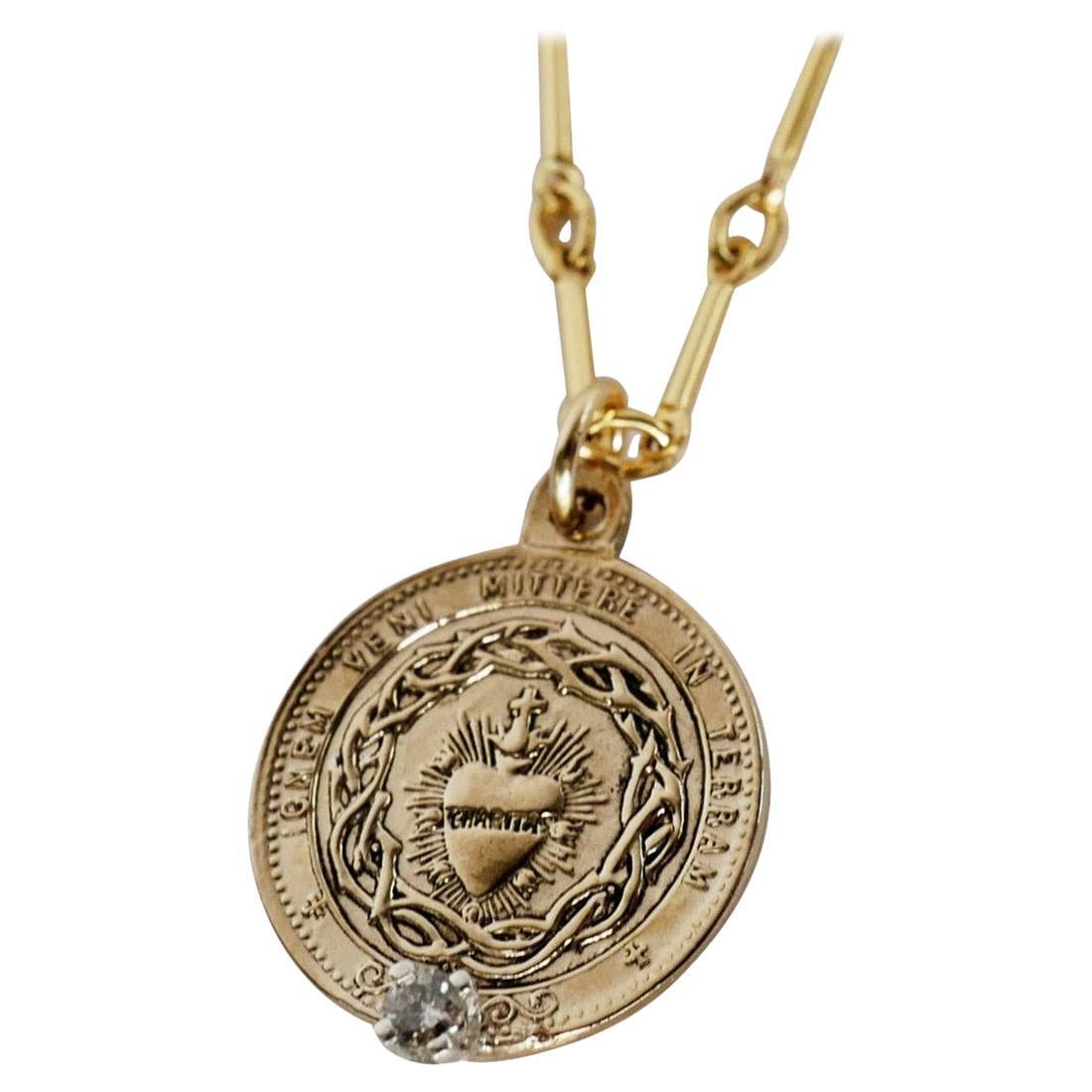 White Diamond Sacred Heart Coin Medal Pendant Necklace Gold Vermeil J Dauphin For Sale