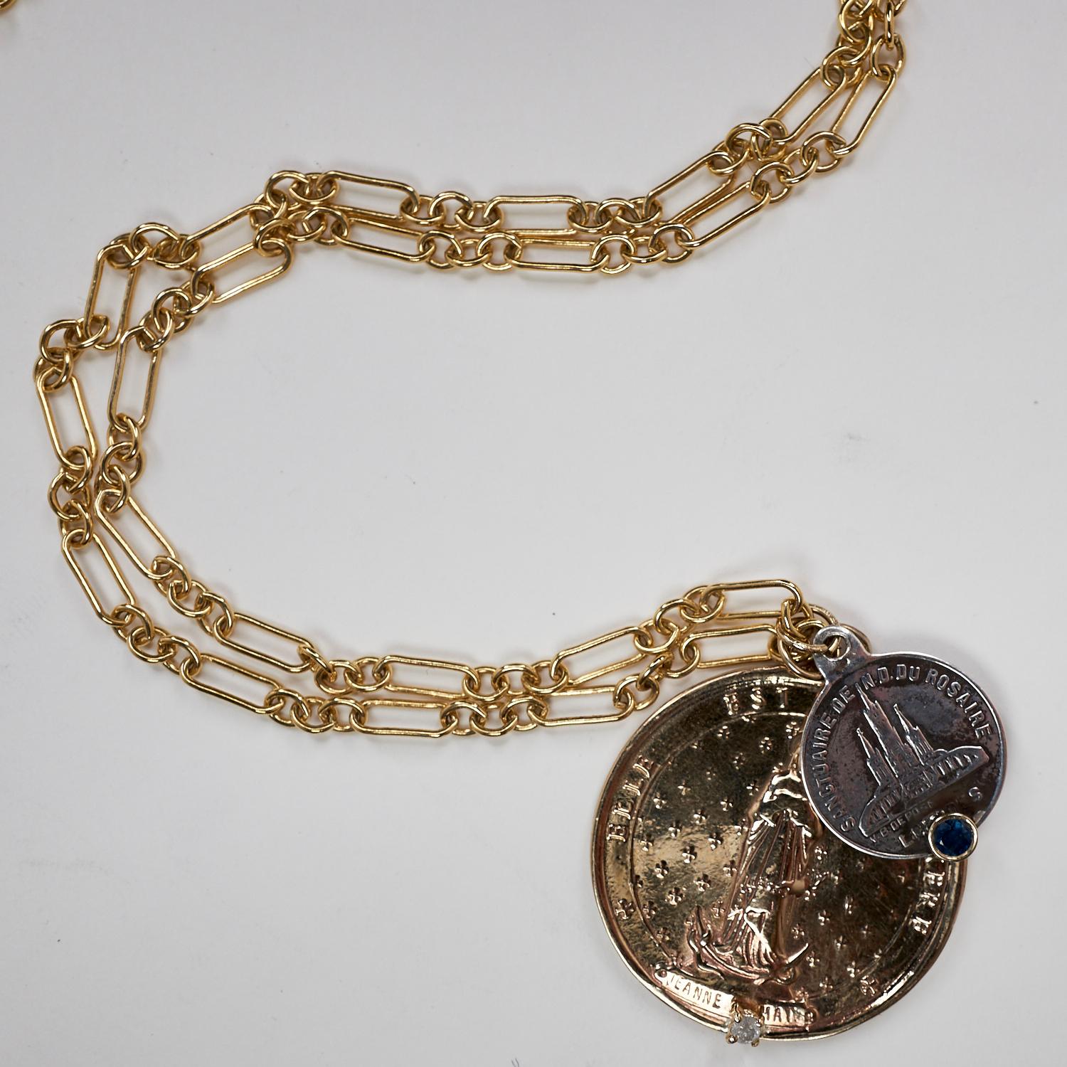White Diamond Chunky Chain Long Necklace French Vintage Medal Sapphire J Dauphin In New Condition In Los Angeles, CA