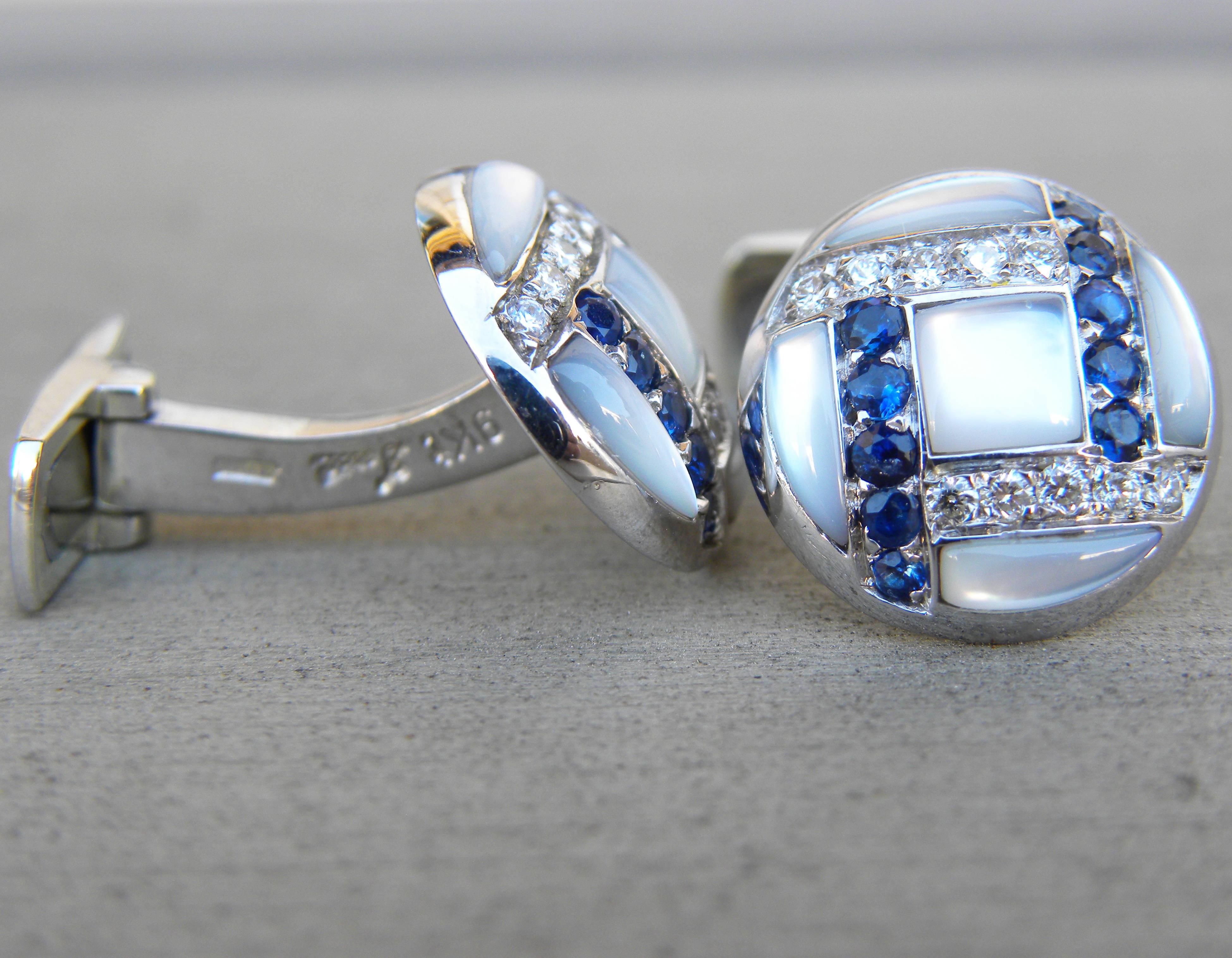 Round Cut White Diamond Sapphire Hand Inlaid Mother of Pearl White Gold T-Bar Cufflinks