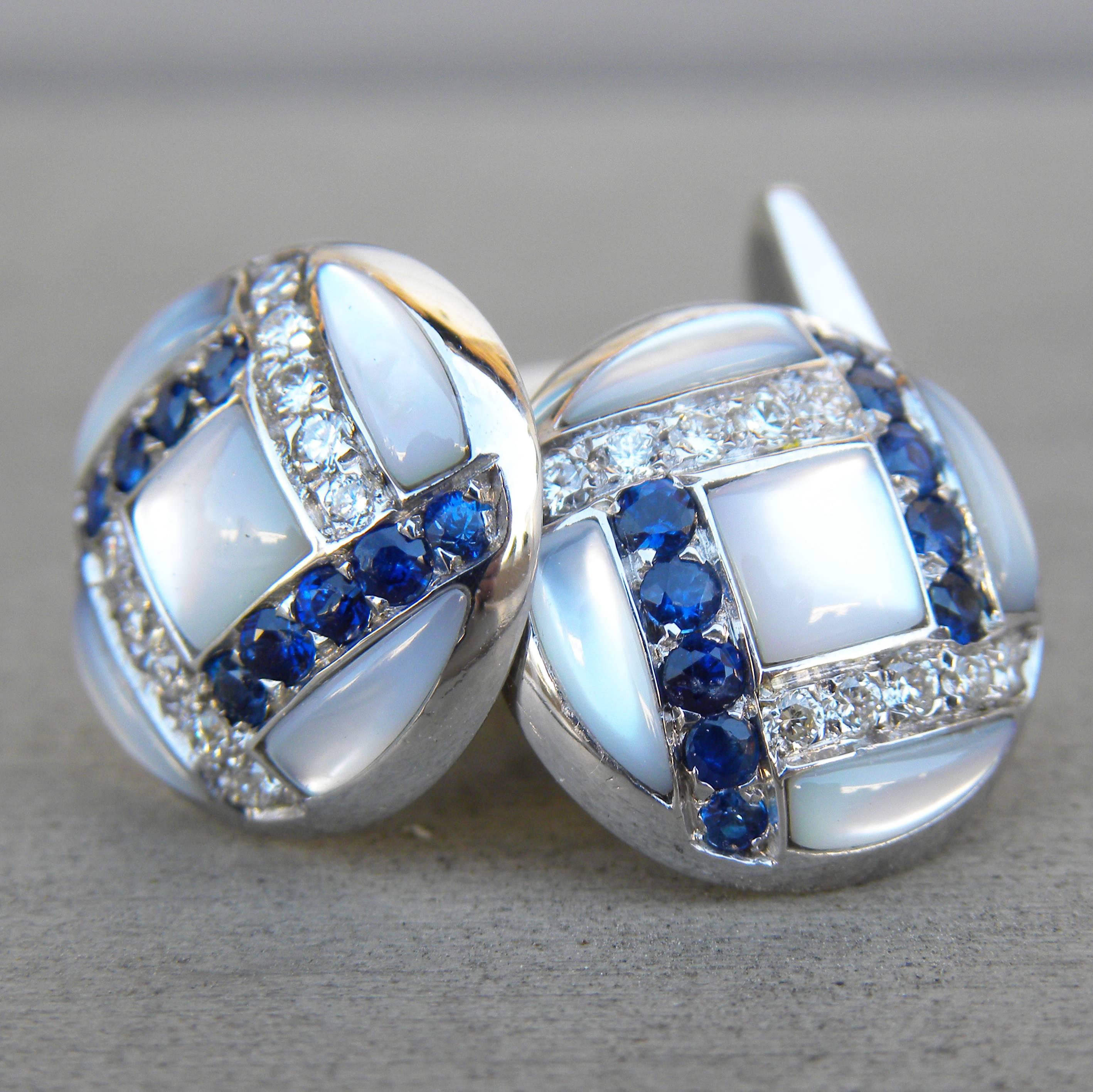 White Diamond Sapphire Hand Inlaid Mother of Pearl White Gold T-Bar Cufflinks 5