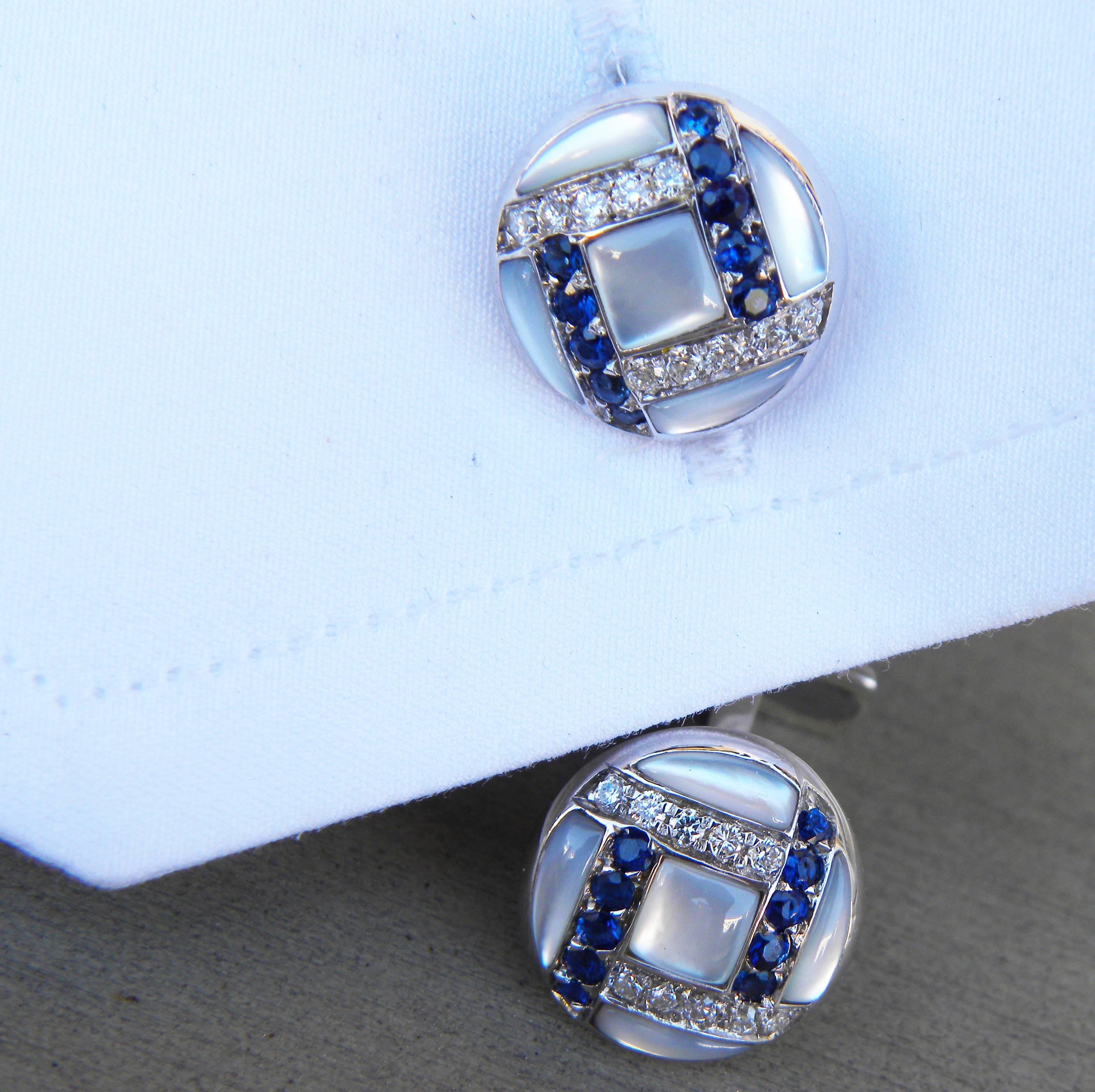 White Diamond Sapphire Hand Inlaid Mother of Pearl White Gold T-Bar Cufflinks In New Condition In Valenza, IT