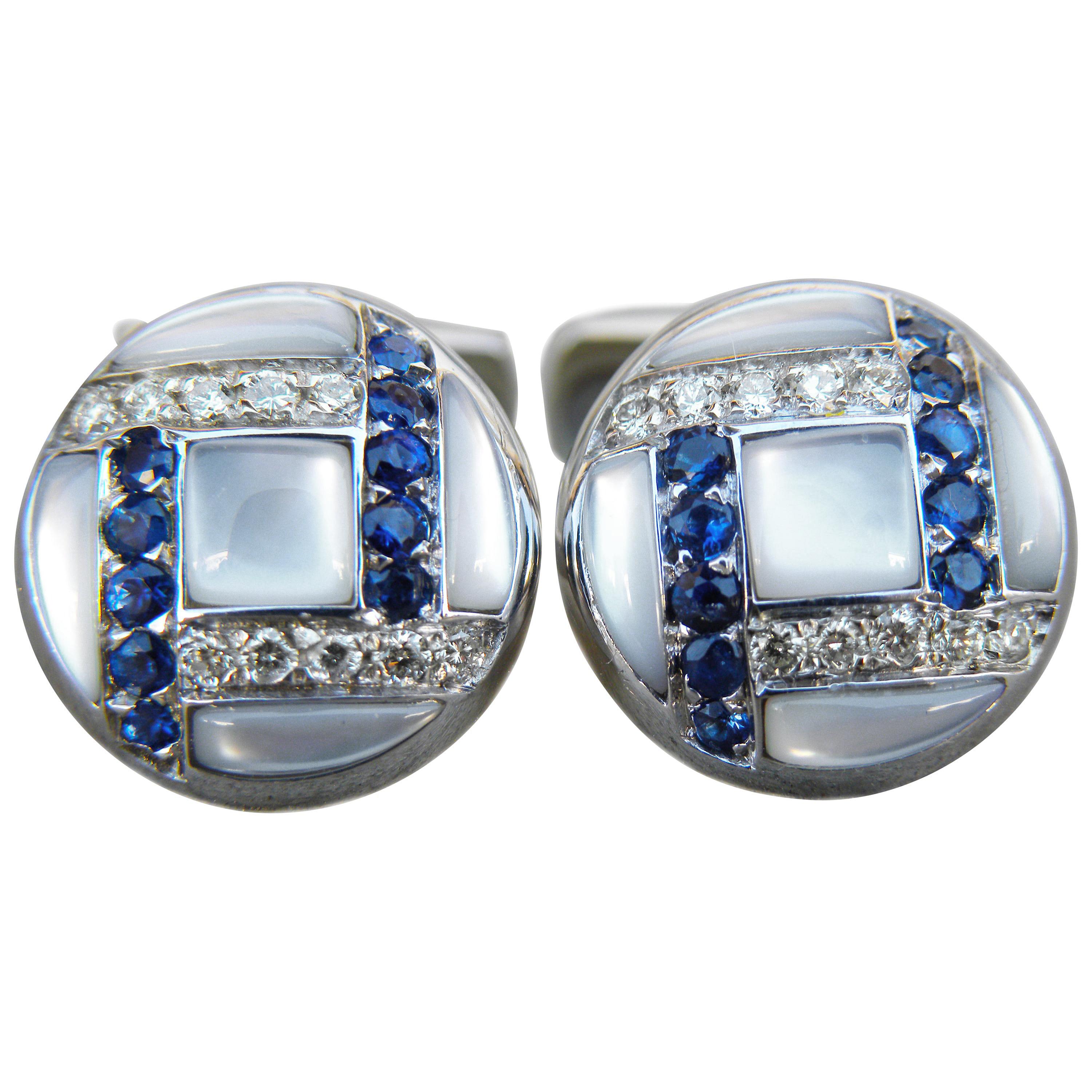 White Diamond Sapphire Hand Inlaid Mother of Pearl White Gold T-Bar Cufflinks