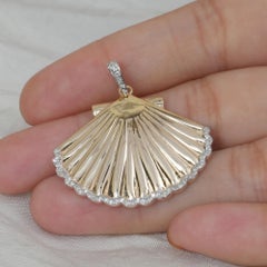 White Diamond Scallop Shell Pendant 14kt Gold Contemporary Jewelry