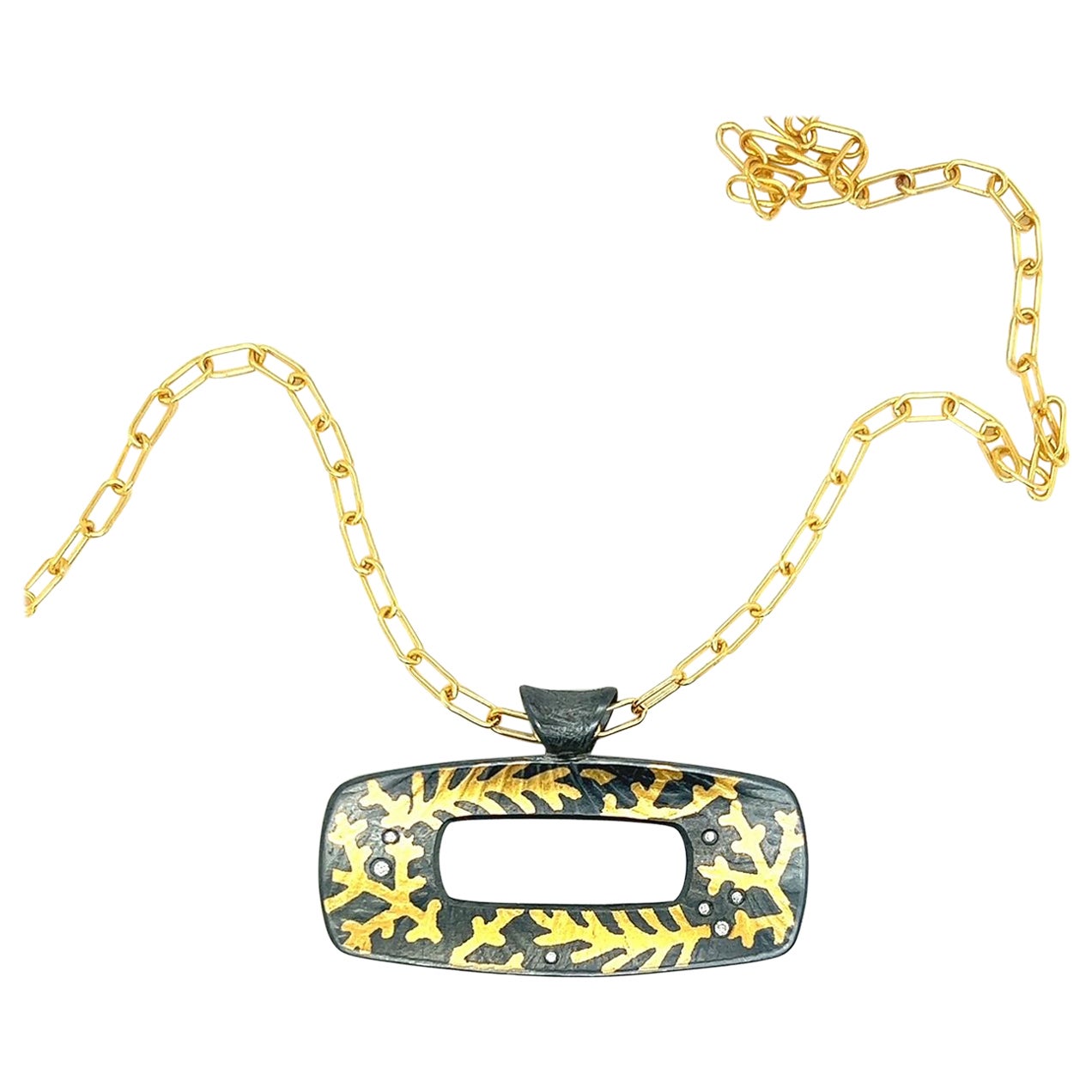 Weißer Diamant verstreut 24K Keumboo Gold Blatt Floral Frame Halskette