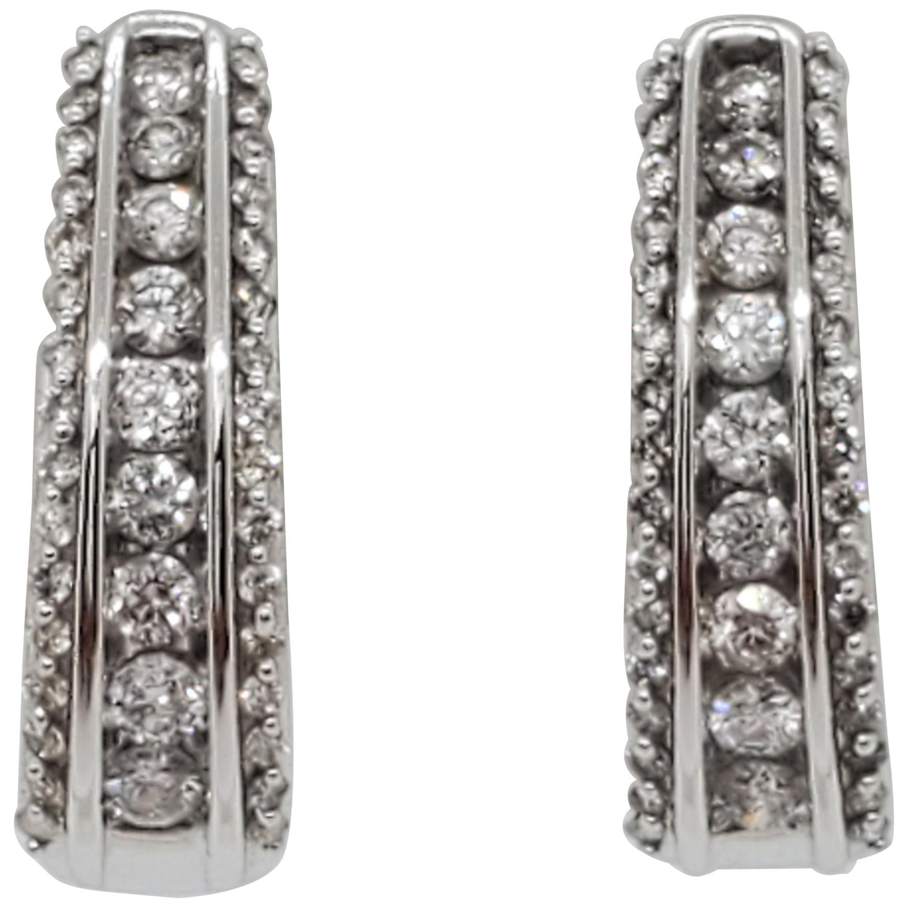 White Diamond Double Row Semi Hoop Earrings in 14k White Gold For Sale