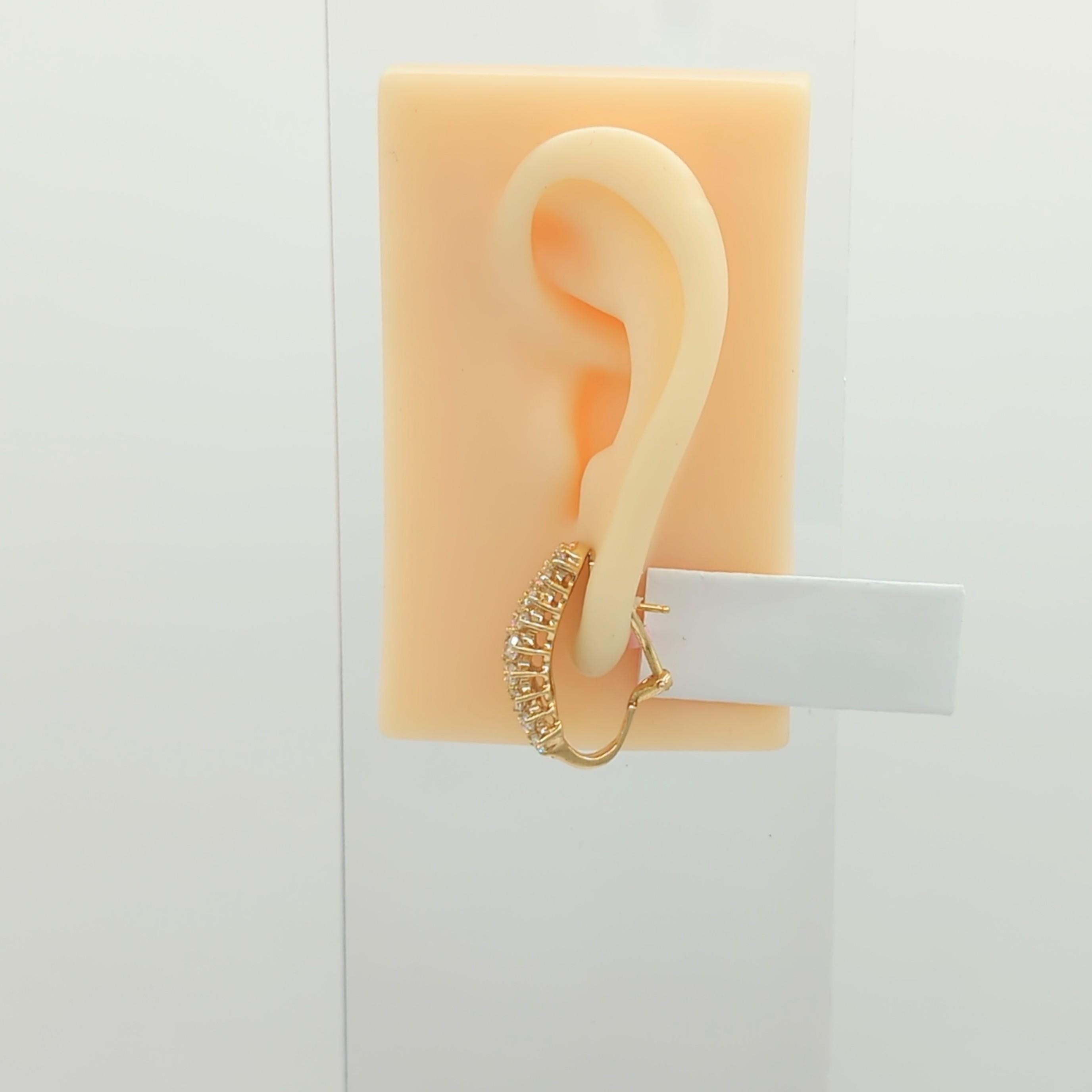 Round Cut White Diamond Semi Hoop Earrings in 14K Yellow Gold For Sale