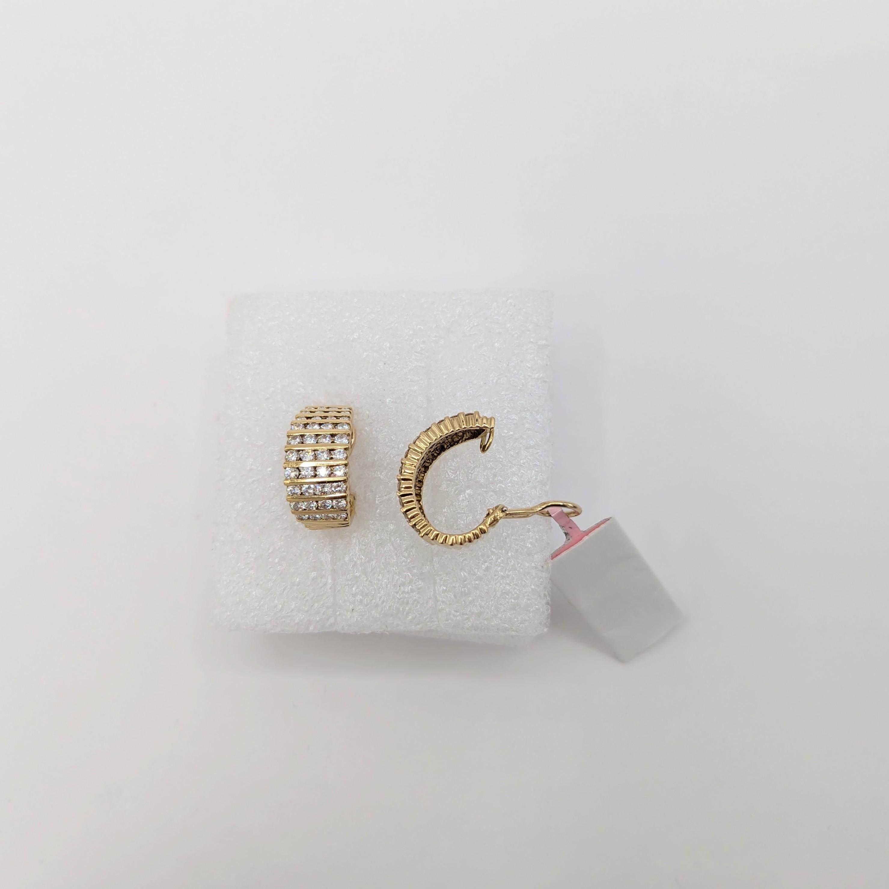 Women's or Men's White Diamond Semi-Hoop Earrings in 18K Yellow Gold For Sale