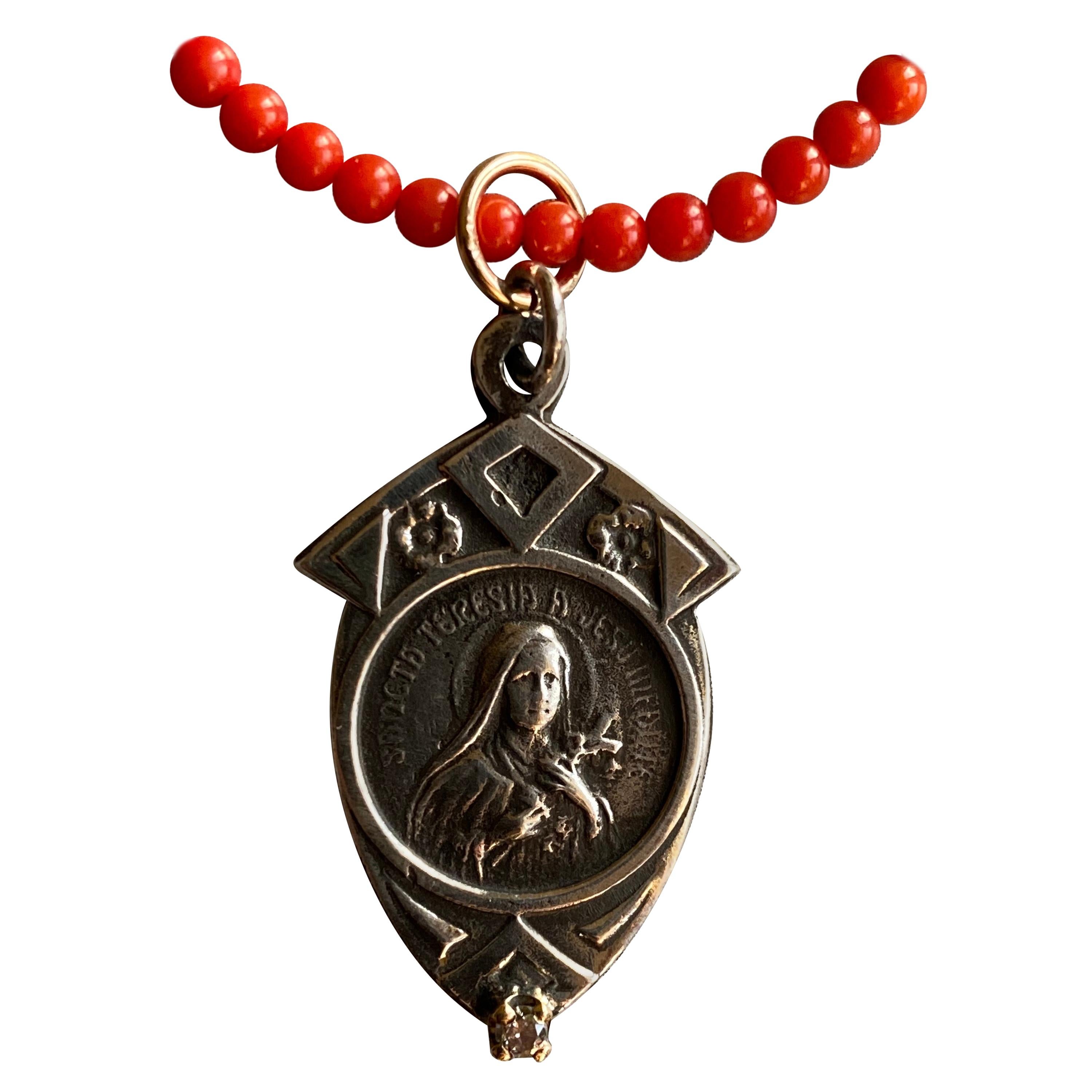 White Diamond Virgin Mary Medal silver Red Coral Bead Choker Necklace J Dauphin