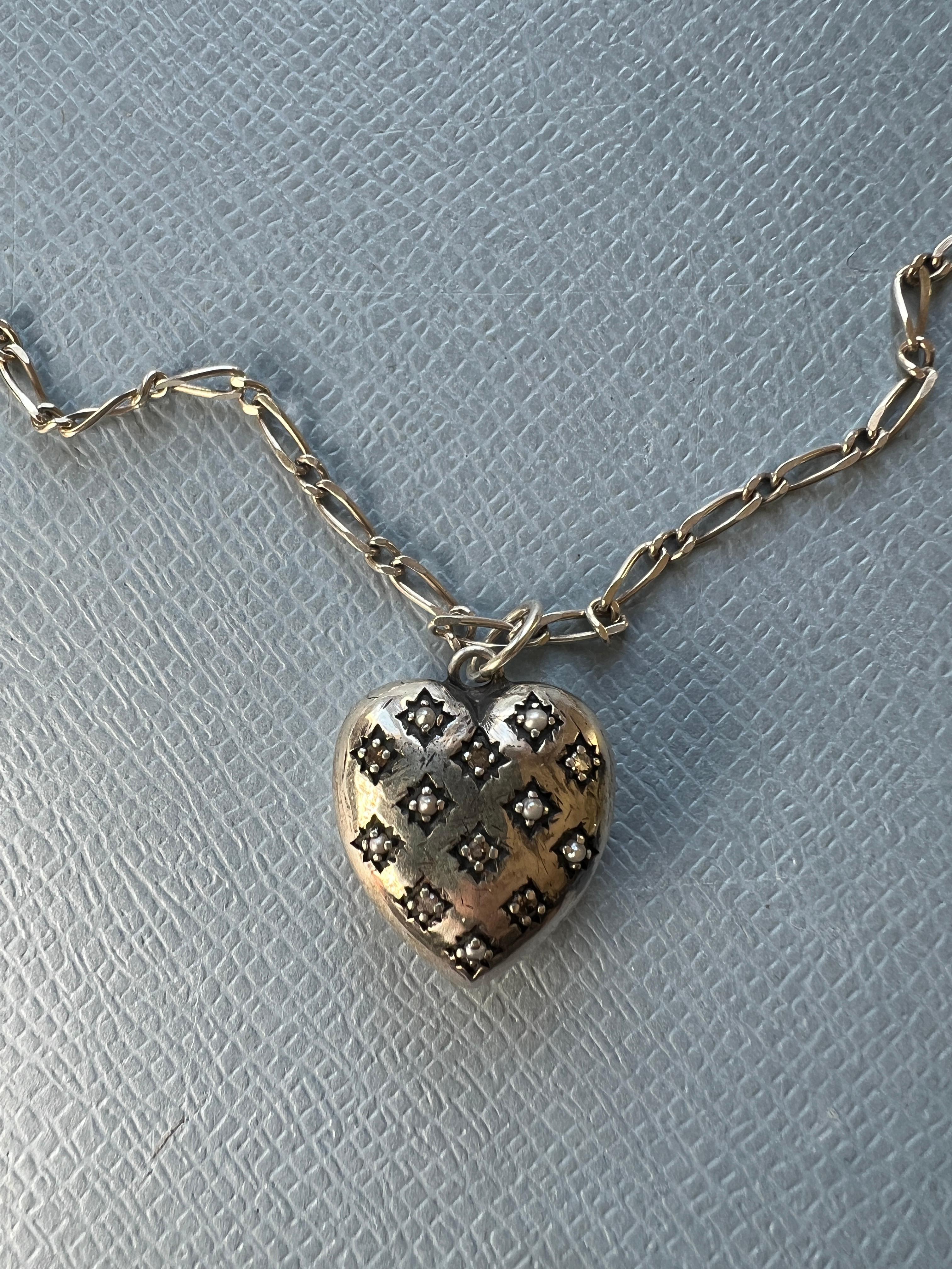 Victorian White Diamond Silver Heart Necklace For Sale