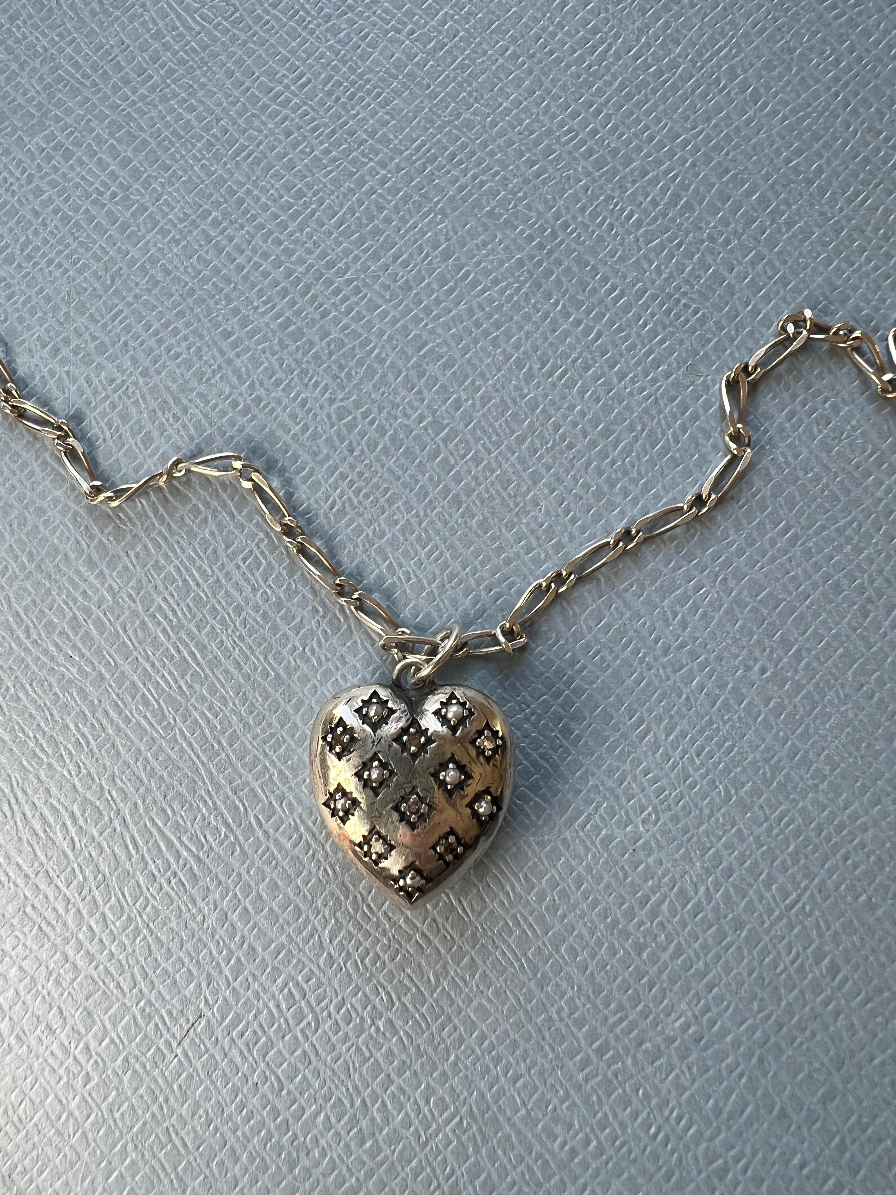 Single Cut White Diamond Silver Heart Necklace For Sale