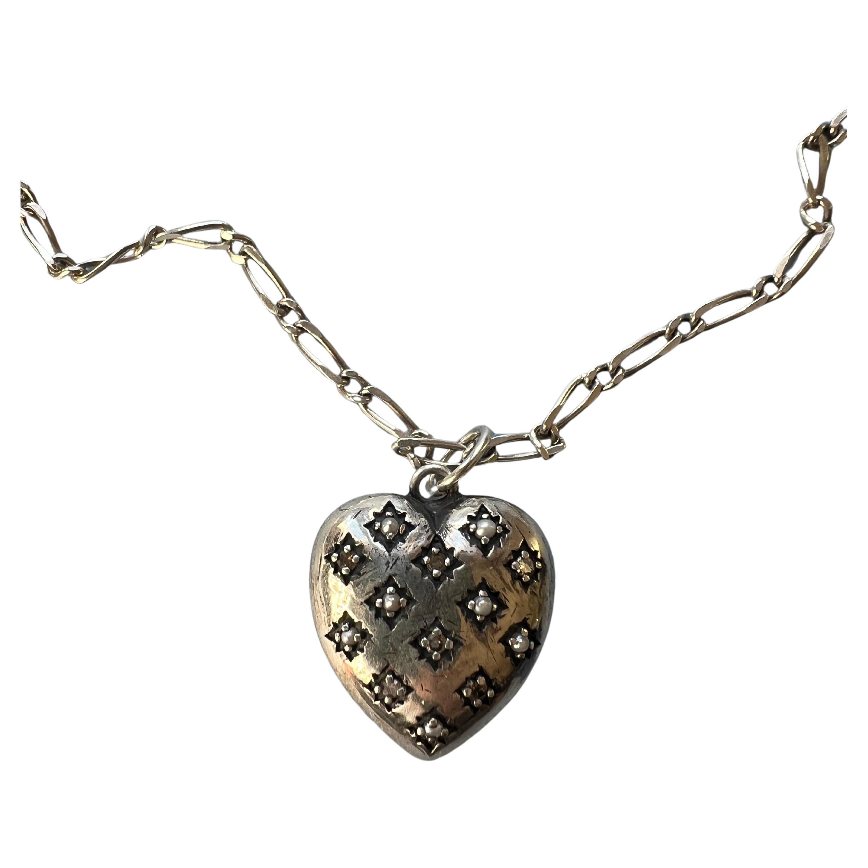 White Diamond Silver Heart Necklace For Sale