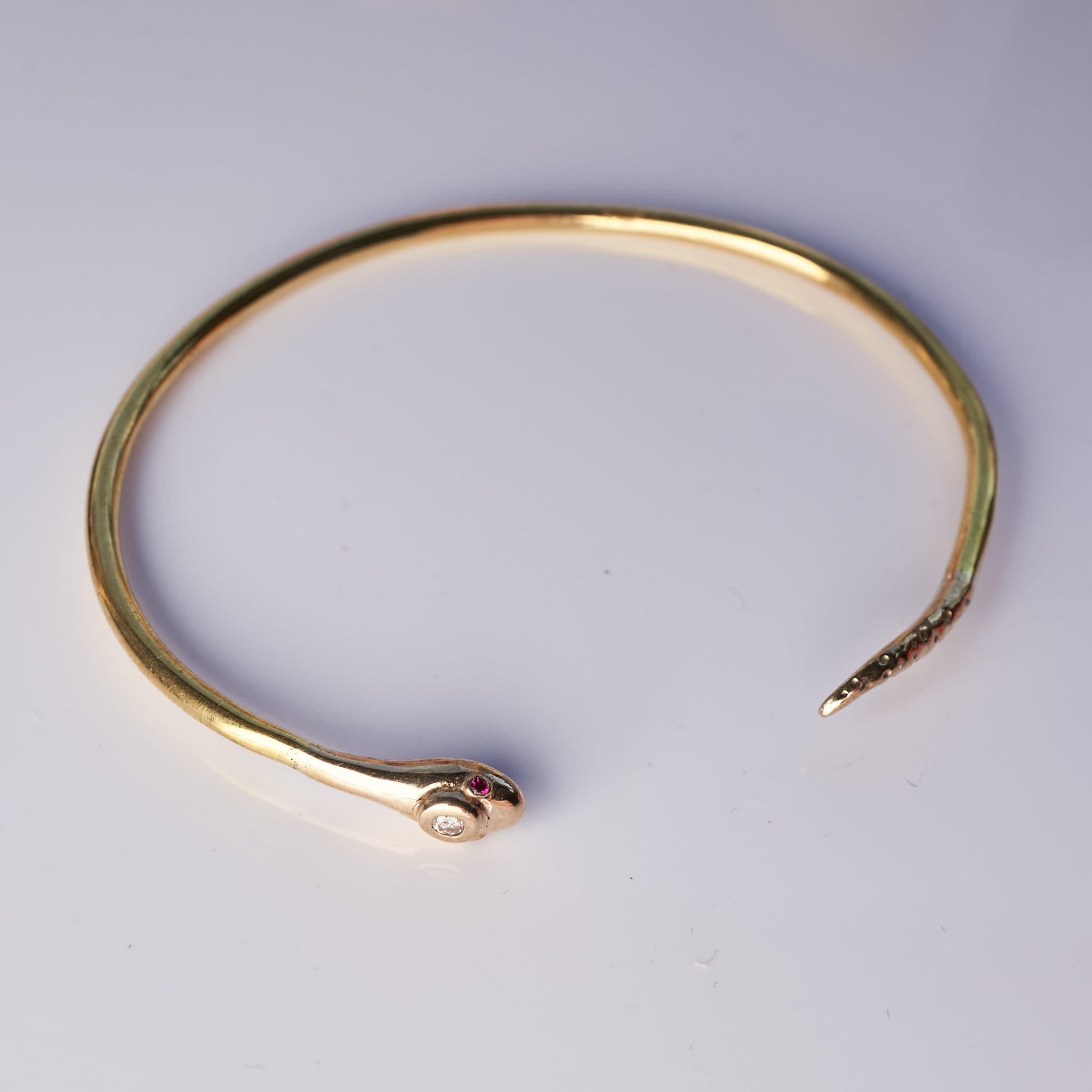 Brilliant Cut White Diamond Snake Bangle Ruby Bracelet Arm Cuff Statement Bronze J Dauphin For Sale