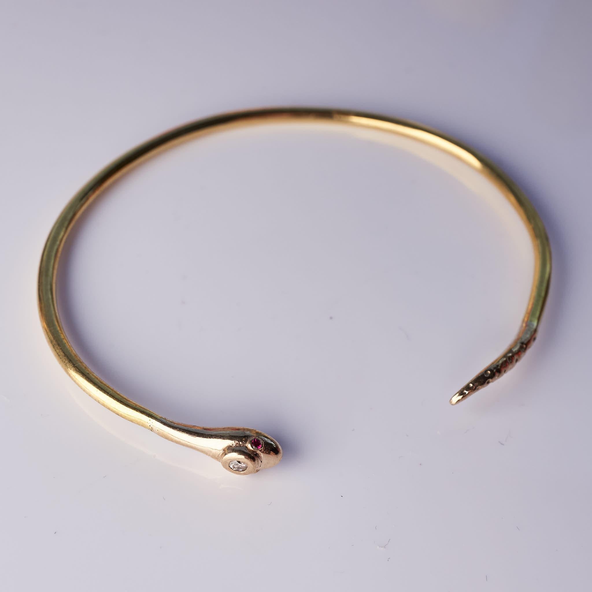 Women's White Diamond Snake Bangle Ruby Bracelet Arm Cuff Statement Bronze J Dauphin For Sale